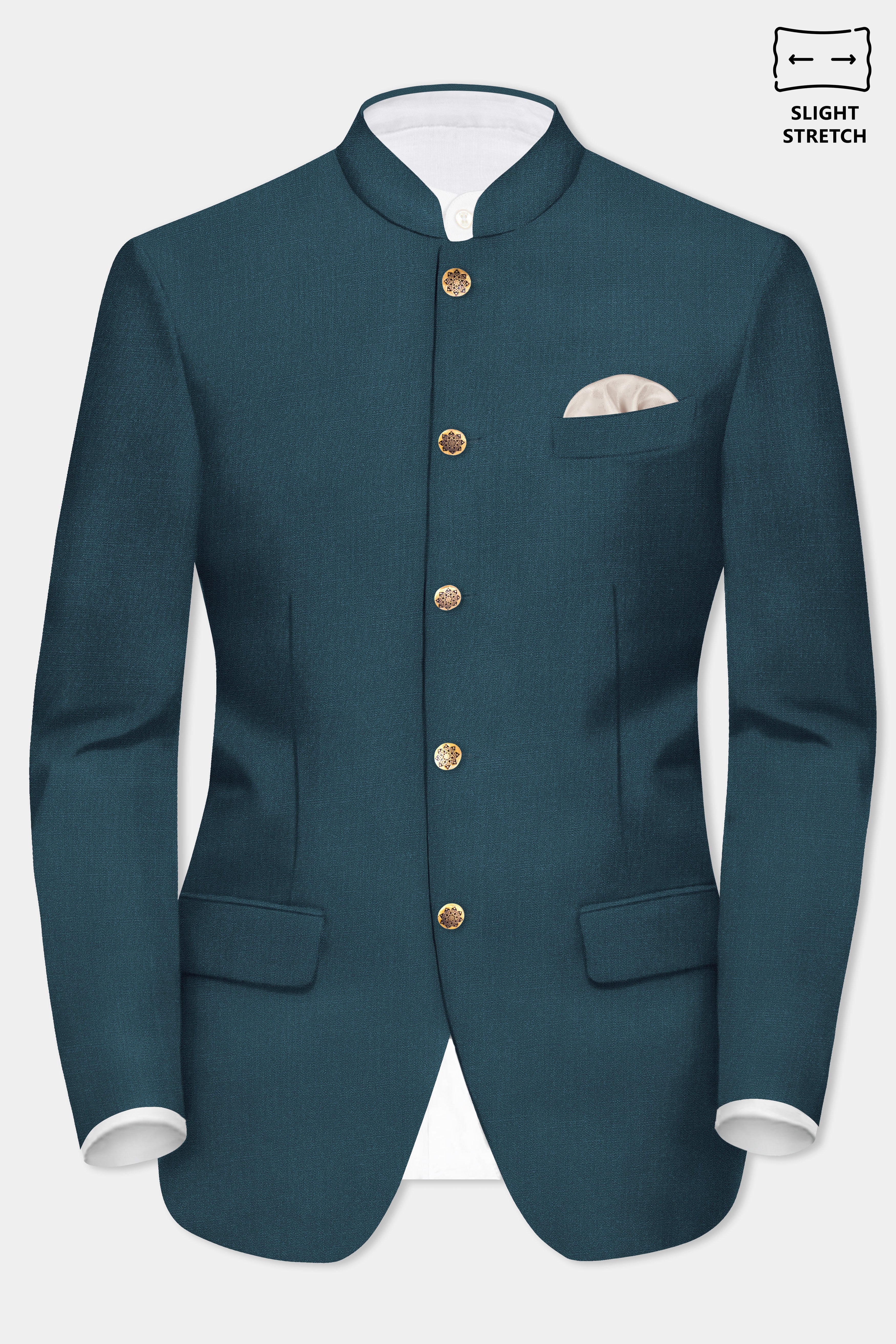 Prestige-Dianne Green Solid Wool Rich Bandhgala Slight Stretch Suit