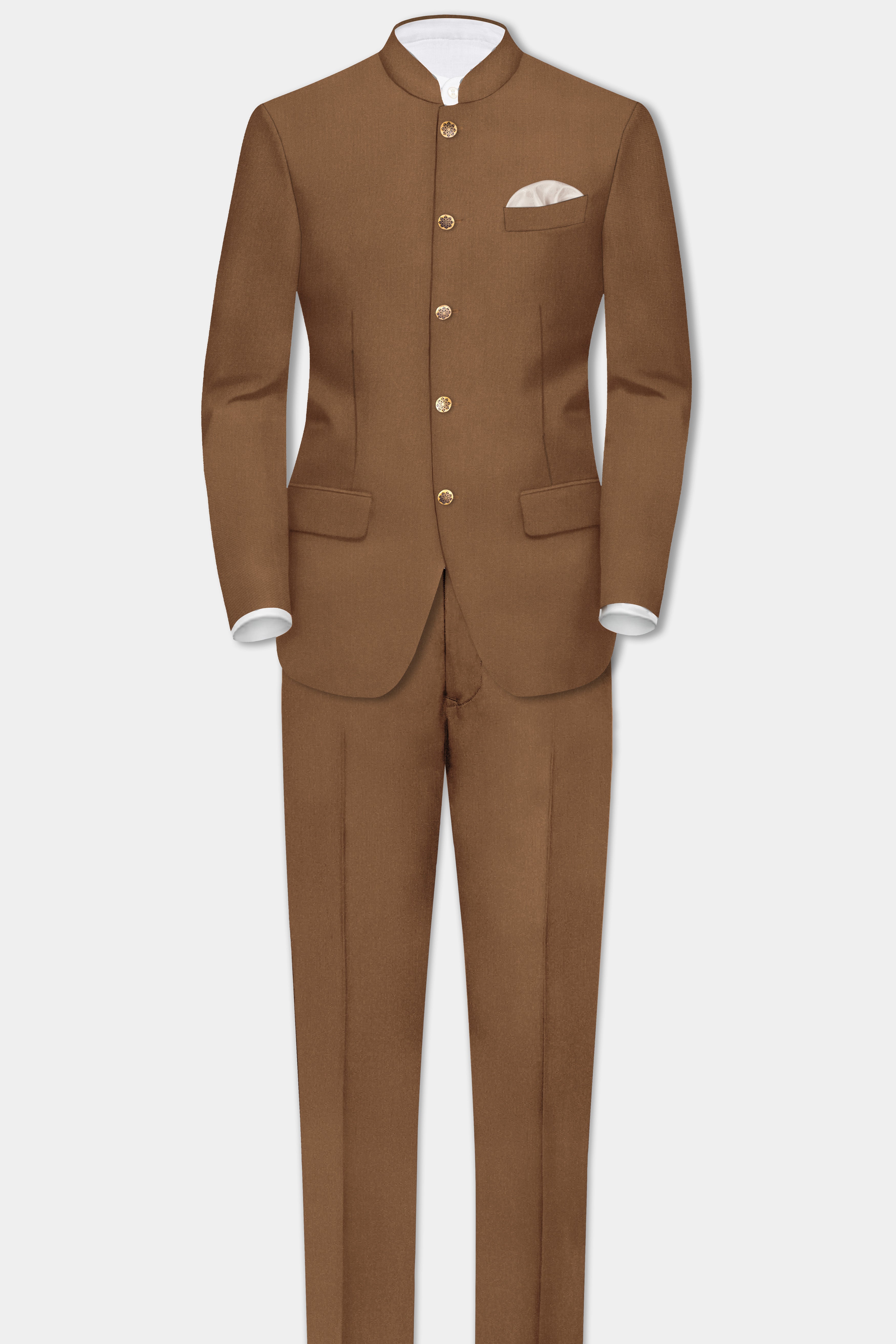 Bronze-Tawny Brown Solid Wool Rich Bandhgala Slight Stretch Suit