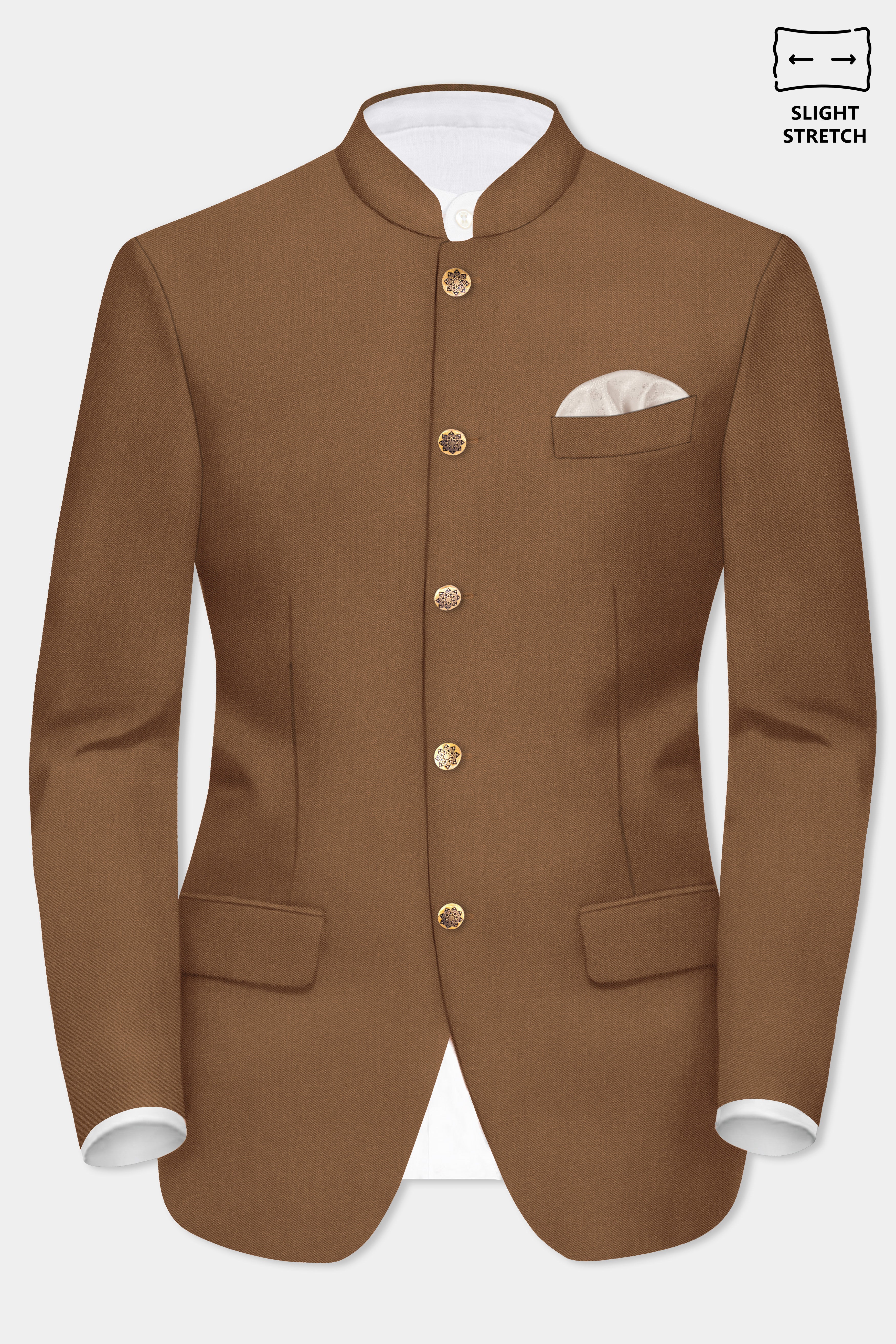 Bronze-Tawny Brown Solid Wool Rich Bandhgala Slight Stretch Suit