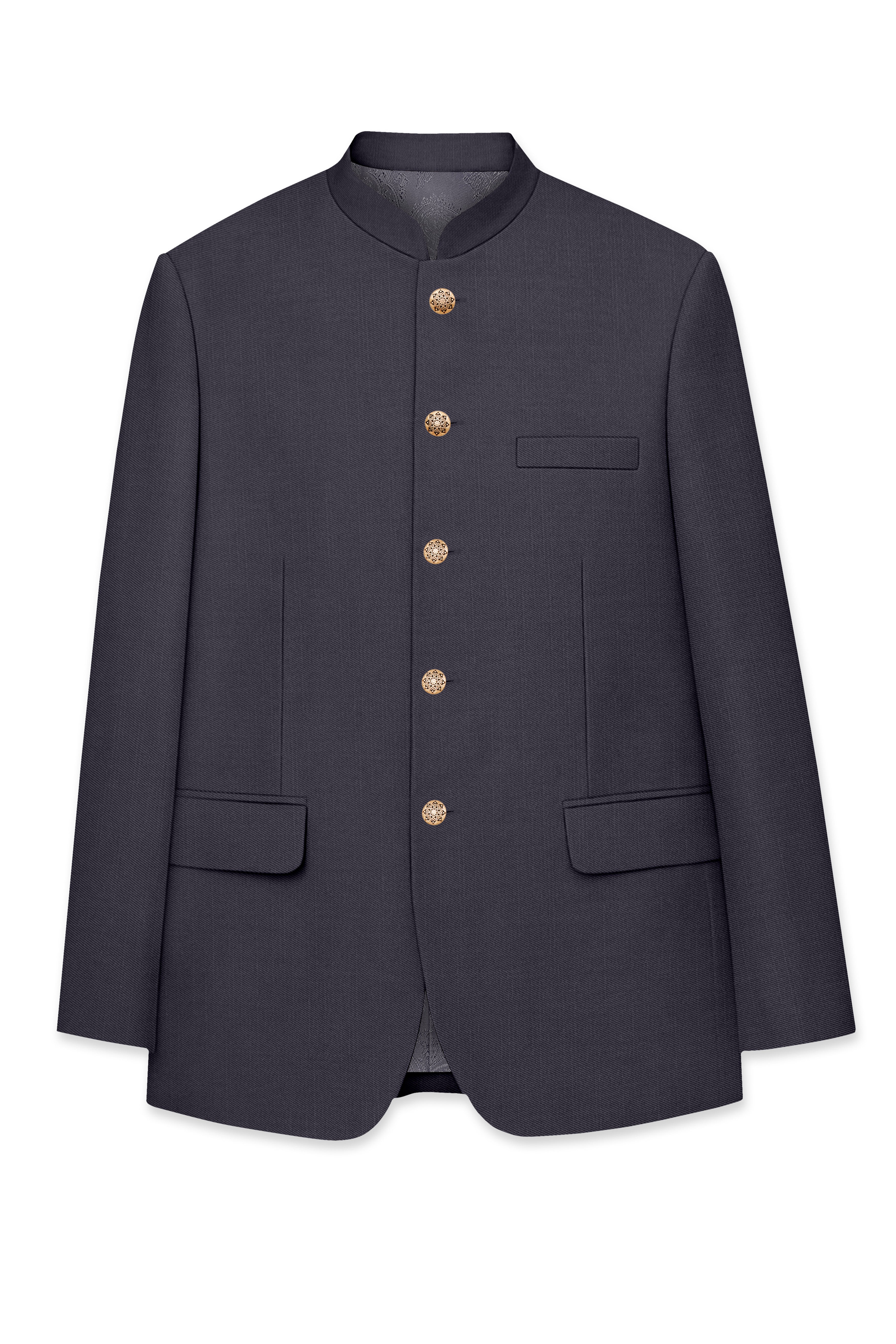 Vogue-Glaucous Gray Solid Wool Rich Bandhgala Slight Stretch Suit