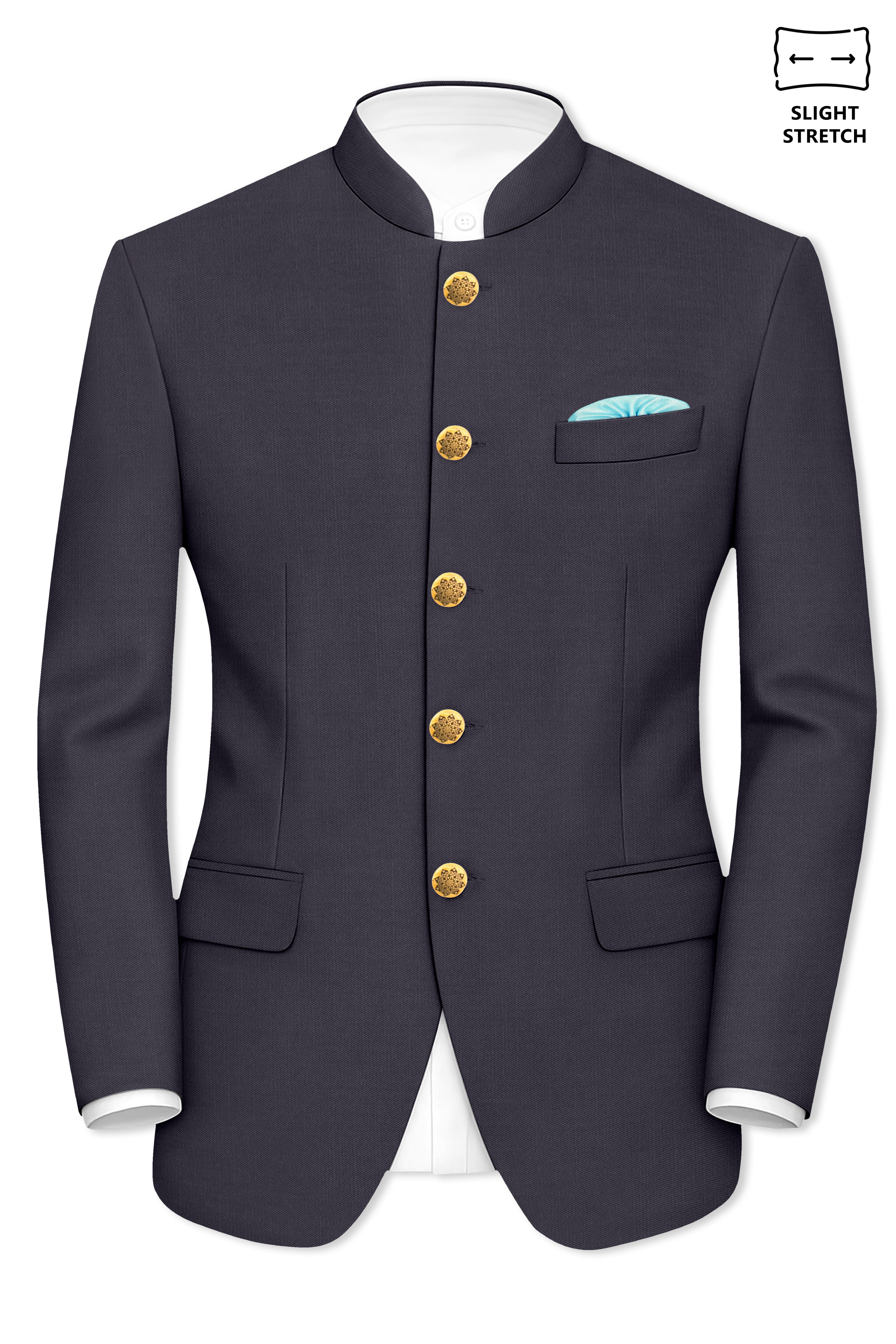 Vogue-Glaucous Gray Solid Wool Rich Bandhgala Slight Stretch Suit