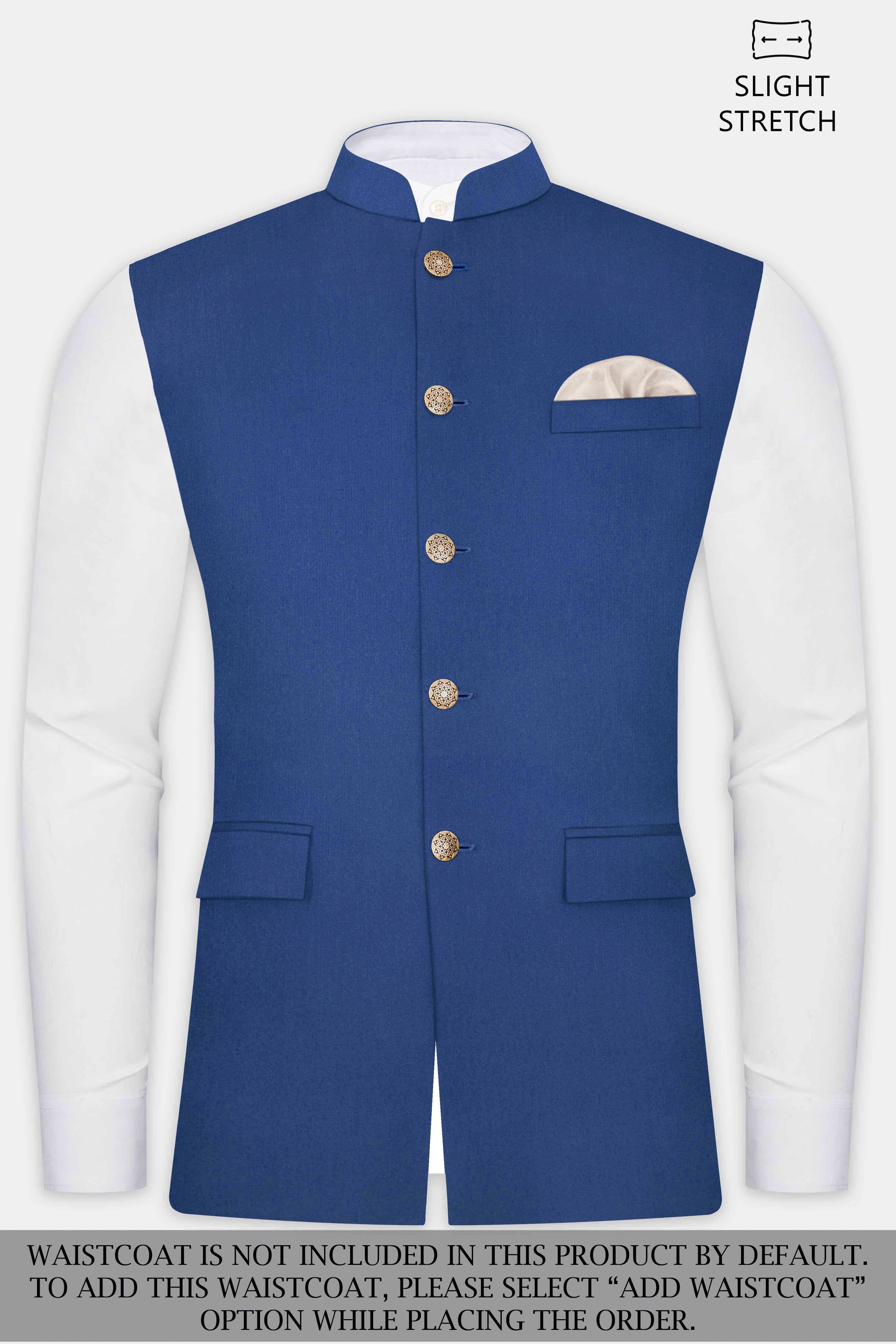 Cerulean Elite-Cobalt Blue Solid Wool Rich Bandhgala Slight Stretch Suit