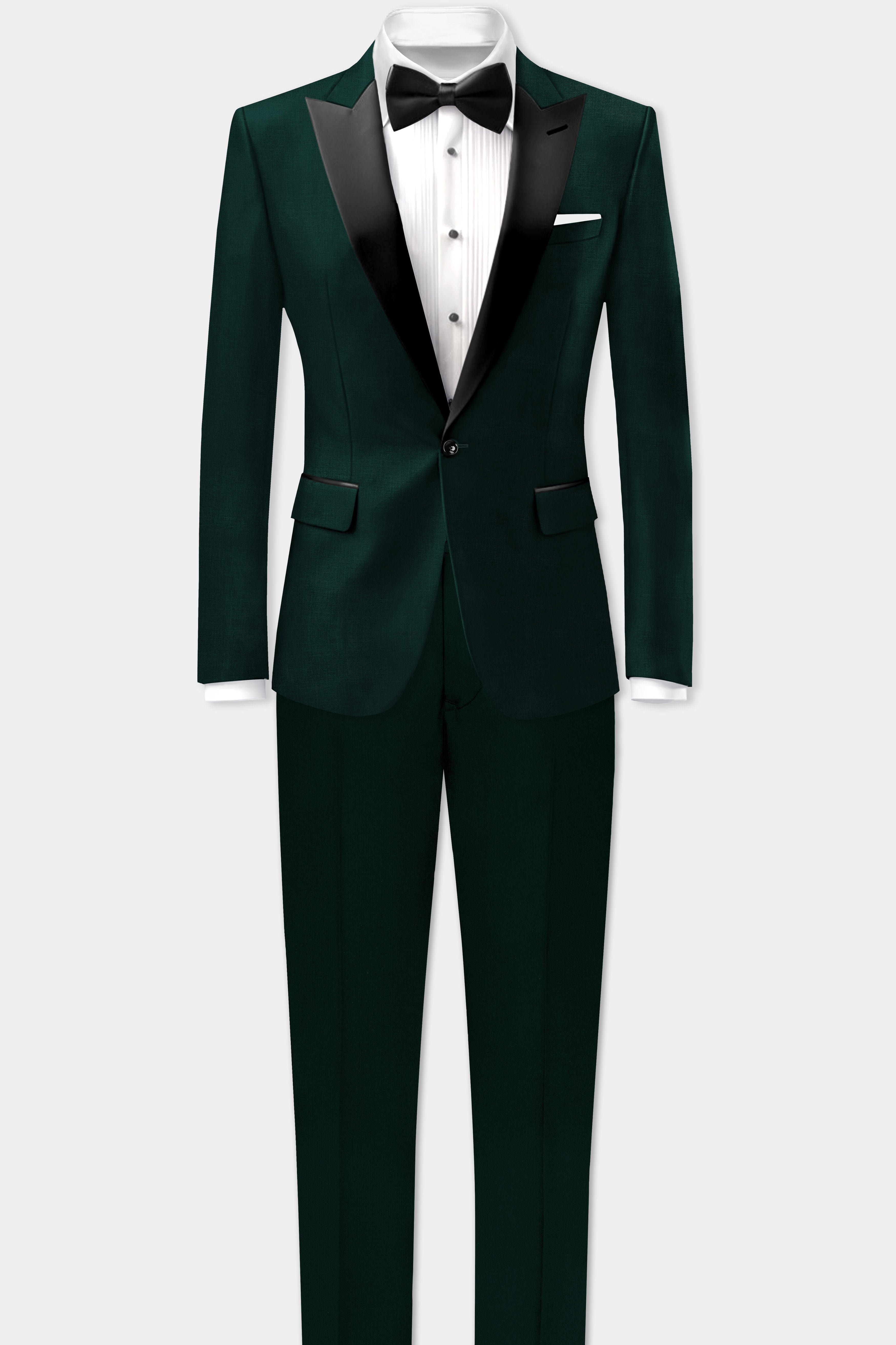Emerald-Zucchini Green Solid Wool Rich Peak Lapel Tuxedo Slight Stretch Suit
