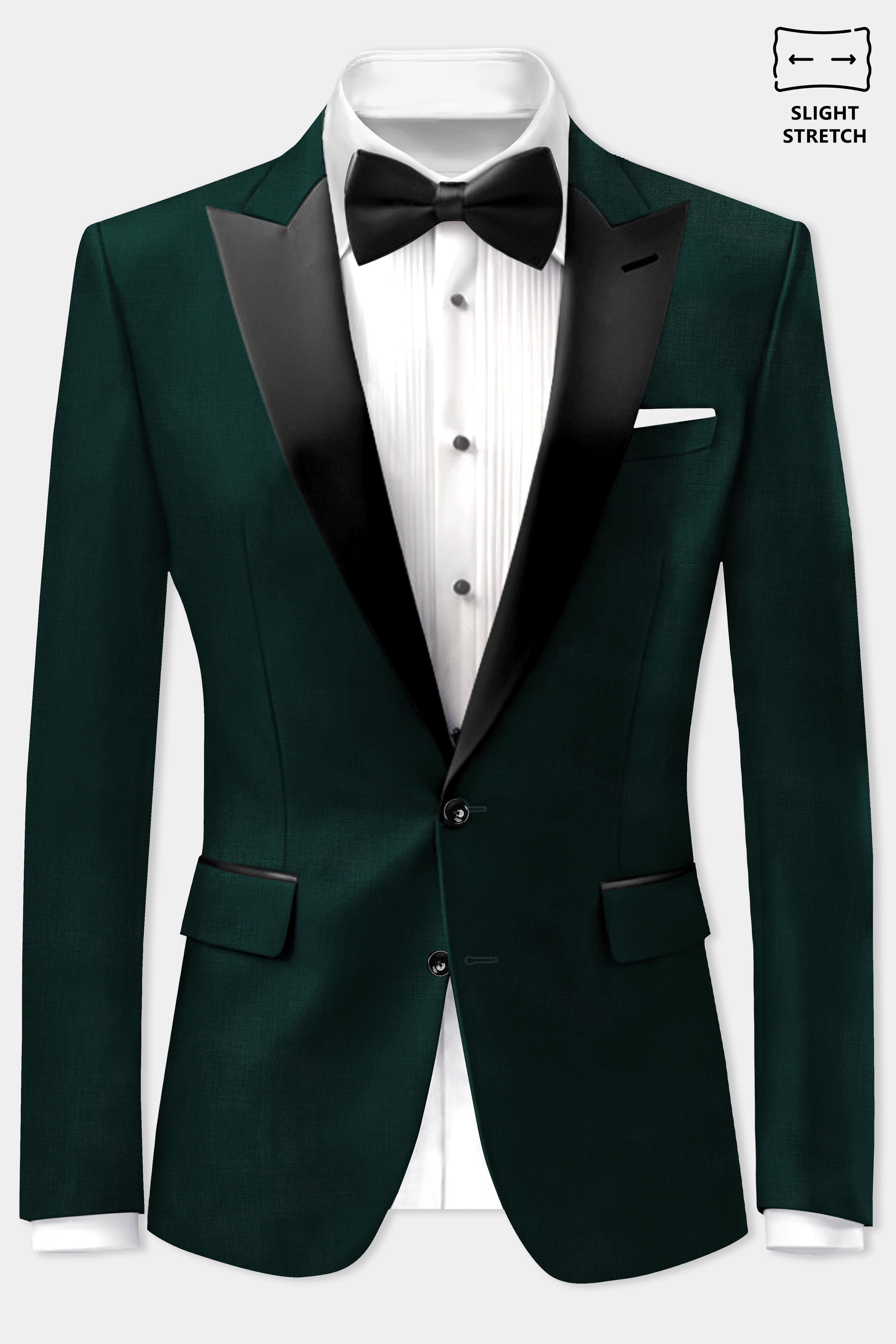 Emerald-Zucchini Green Solid Wool Rich Peak Lapel Tuxedo Slight Stretch Suit