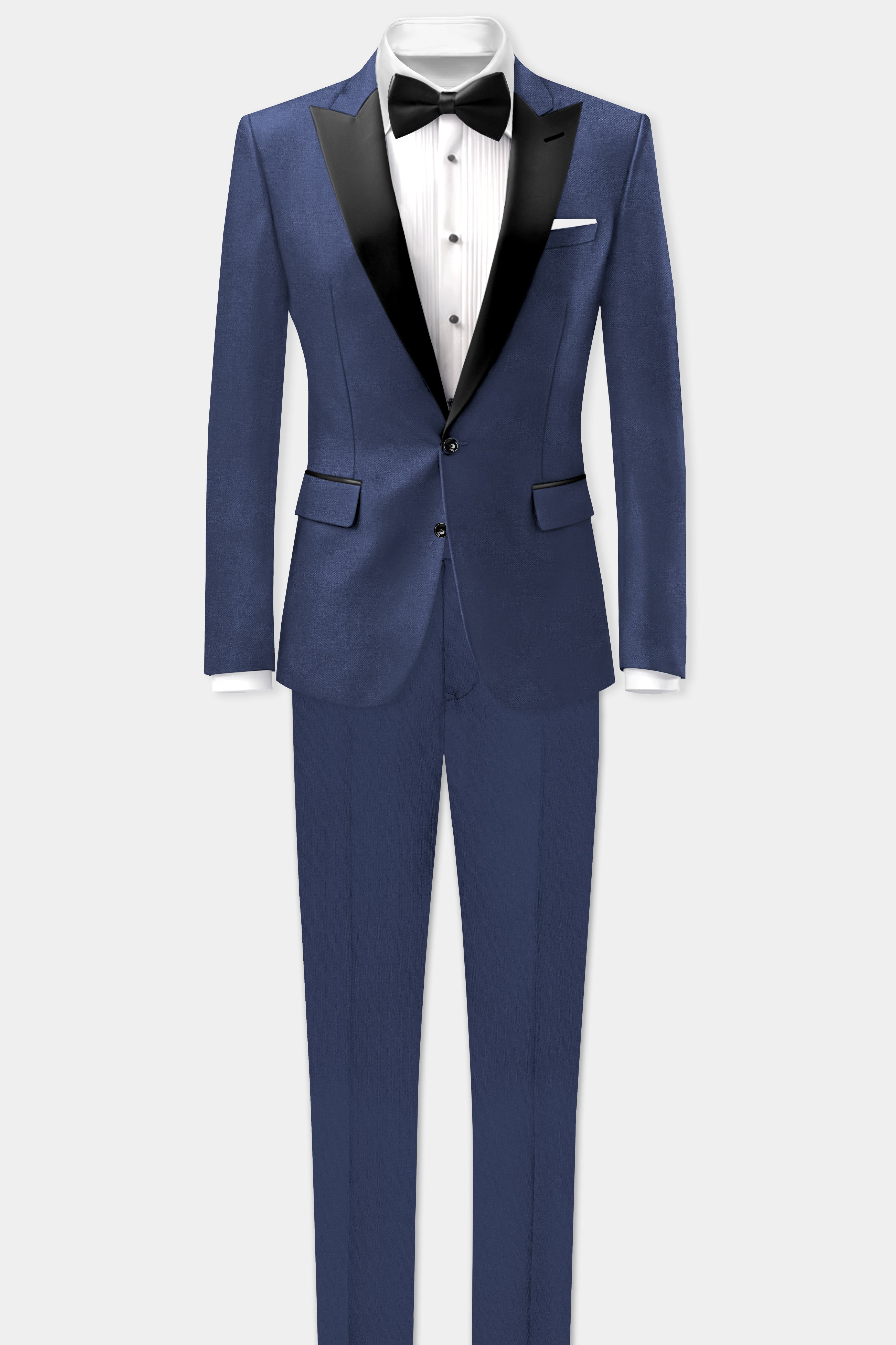 Sapphire-Glaucous Blue Solid Wool Rich Peak Lapel Tuxedo Slight Stretch Suit
