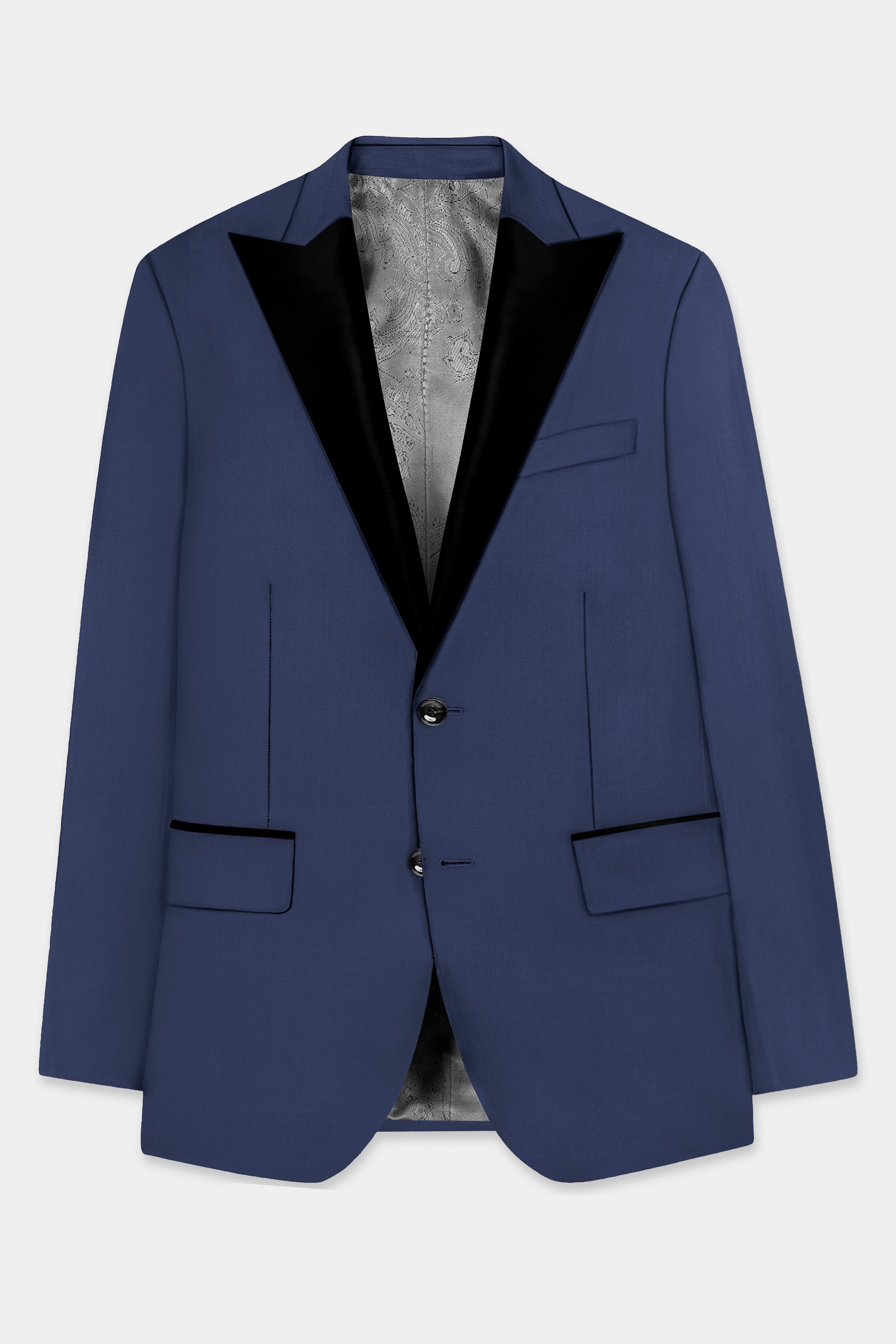 Sapphire-Glaucous Blue Solid Wool Rich Peak Lapel Tuxedo Slight Stretch Suit
