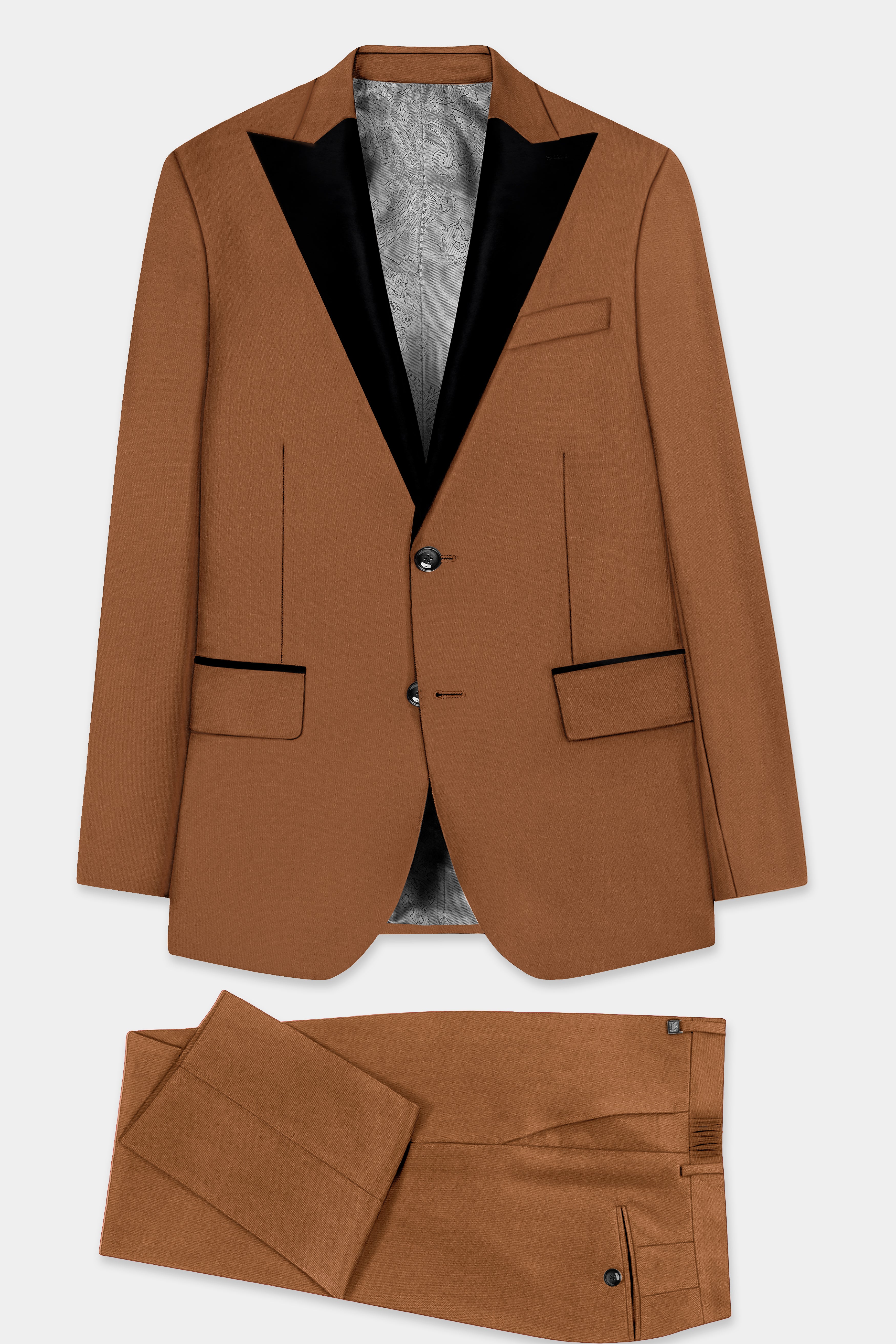 Cinnamon Oak-Sienna Brown Solid Wool Rich Peak Lapel Tuxedo Slight Stretch Suit
