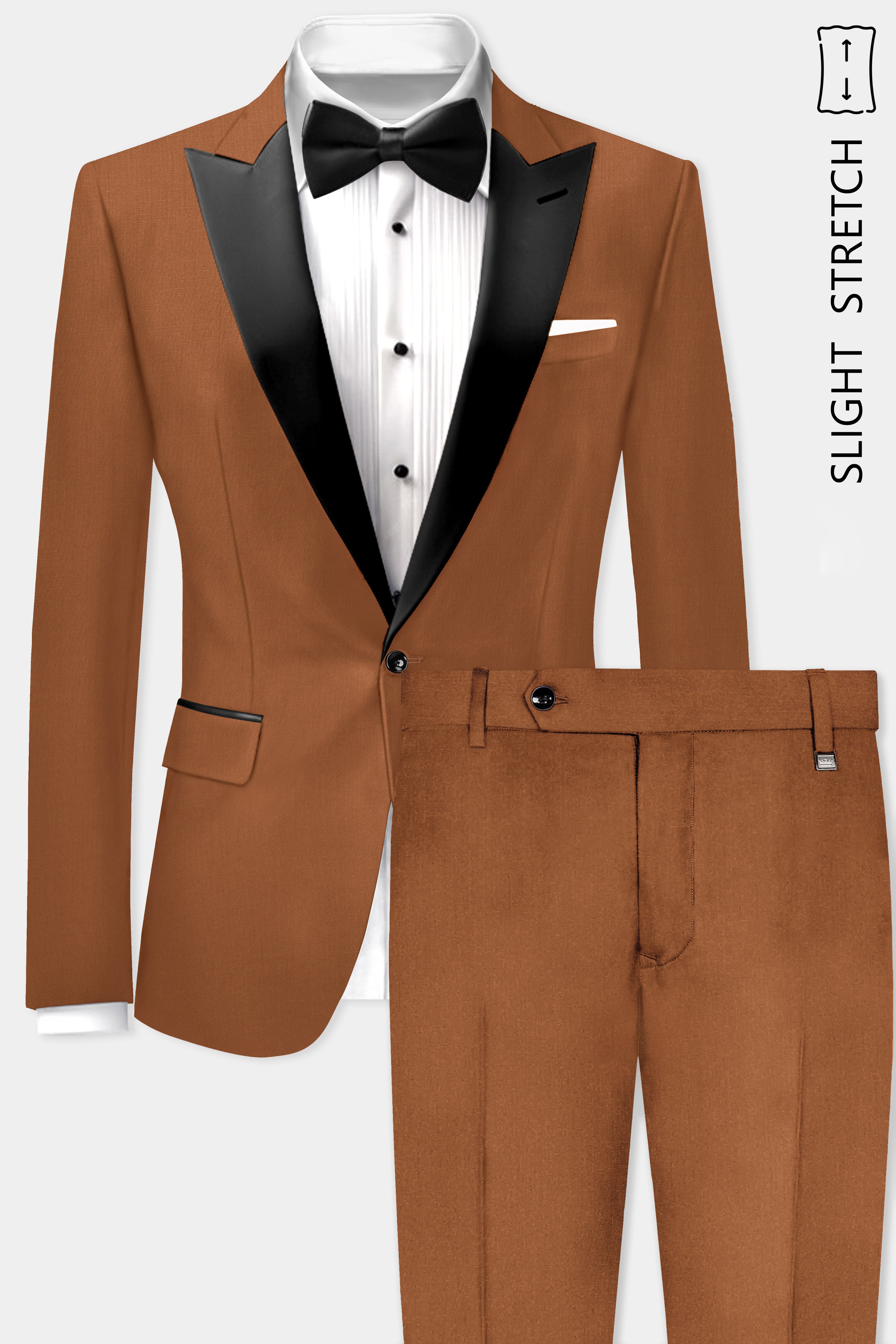 Cinnamon Oak-Sienna Brown Solid Wool Rich Peak Lapel Tuxedo Slight Stretch Suit
