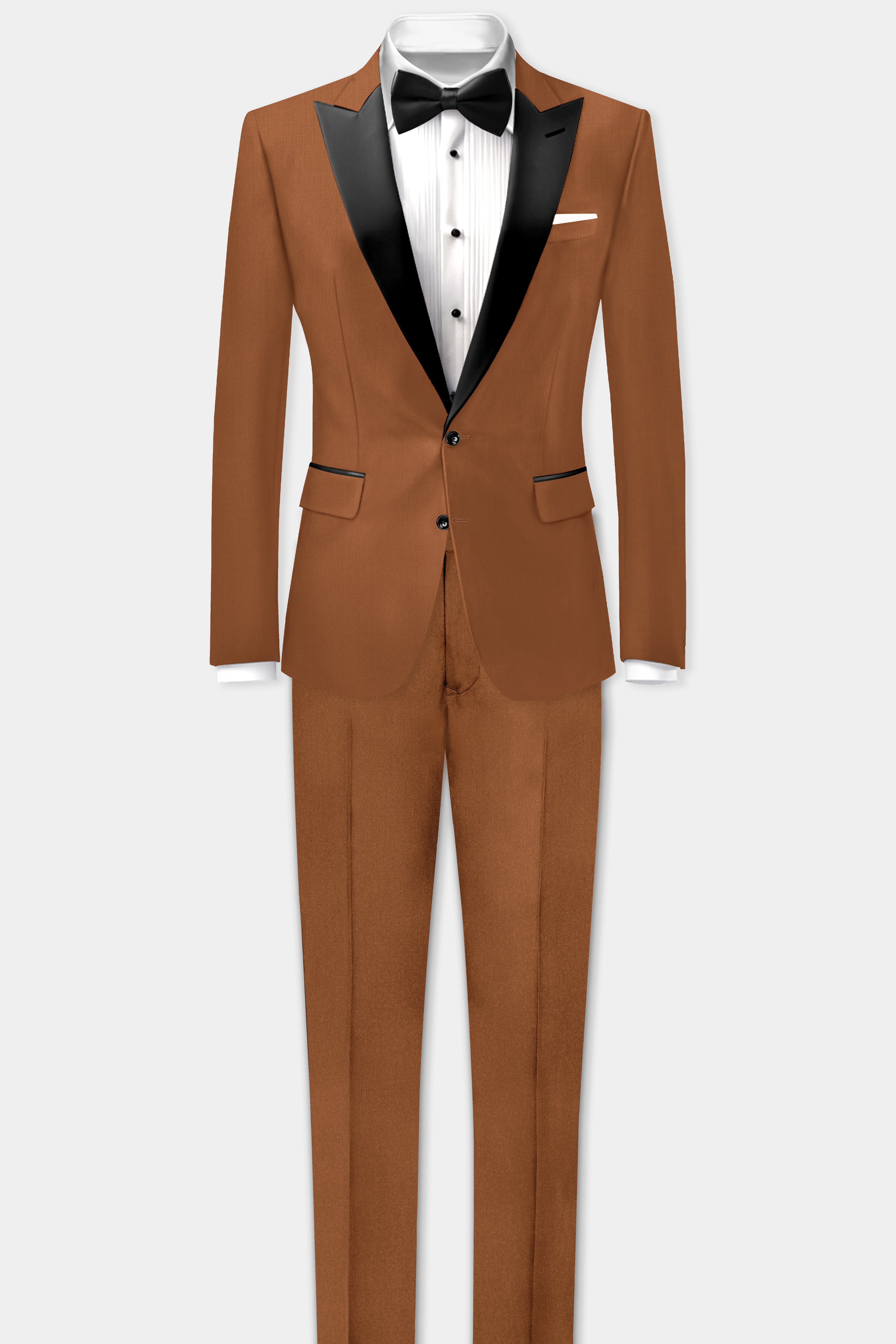 Cinnamon Oak-Sienna Brown Solid Wool Rich Peak Lapel Tuxedo Slight Stretch Suit