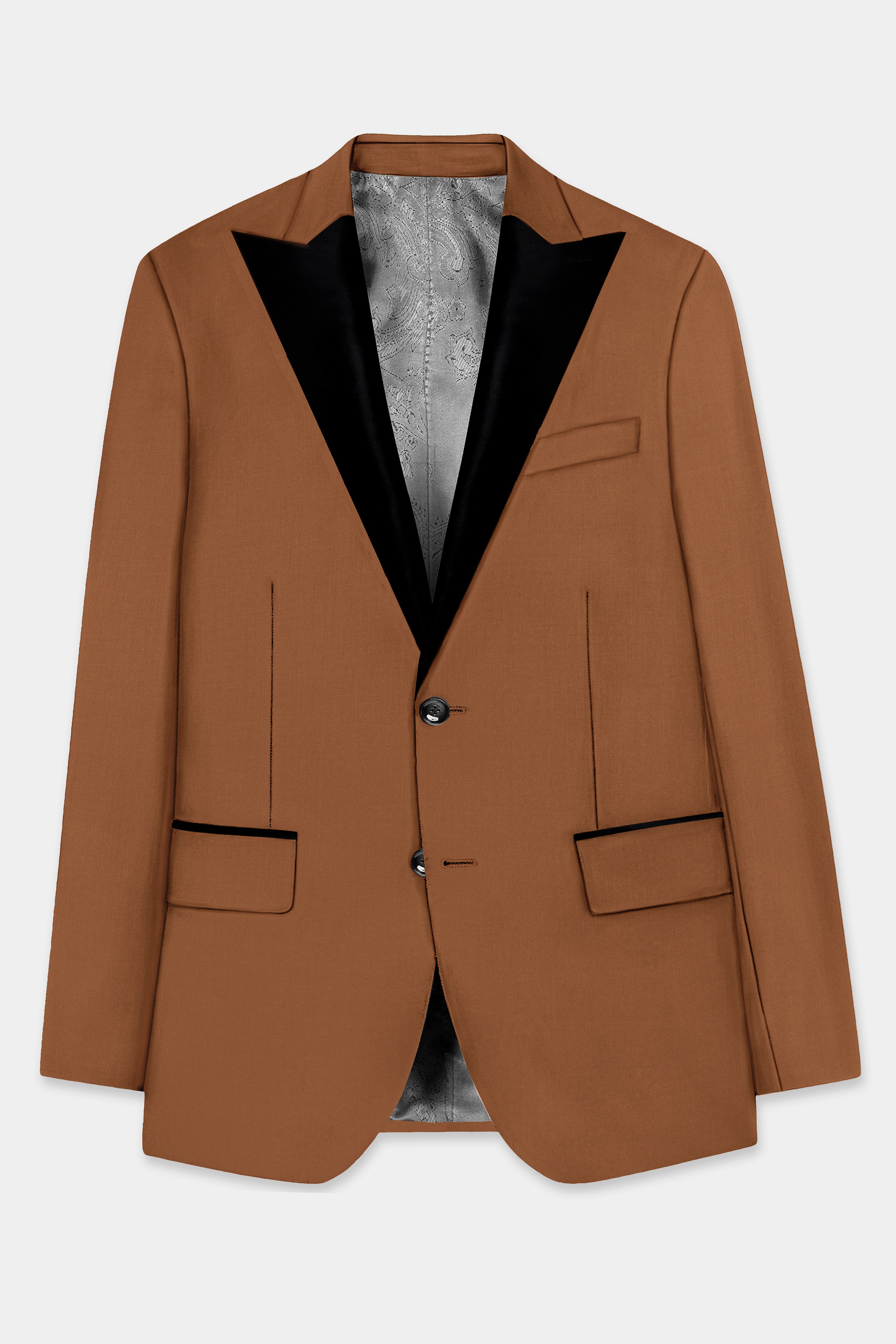 Cinnamon Oak-Sienna Brown Solid Wool Rich Peak Lapel Tuxedo Slight Stretch Suit