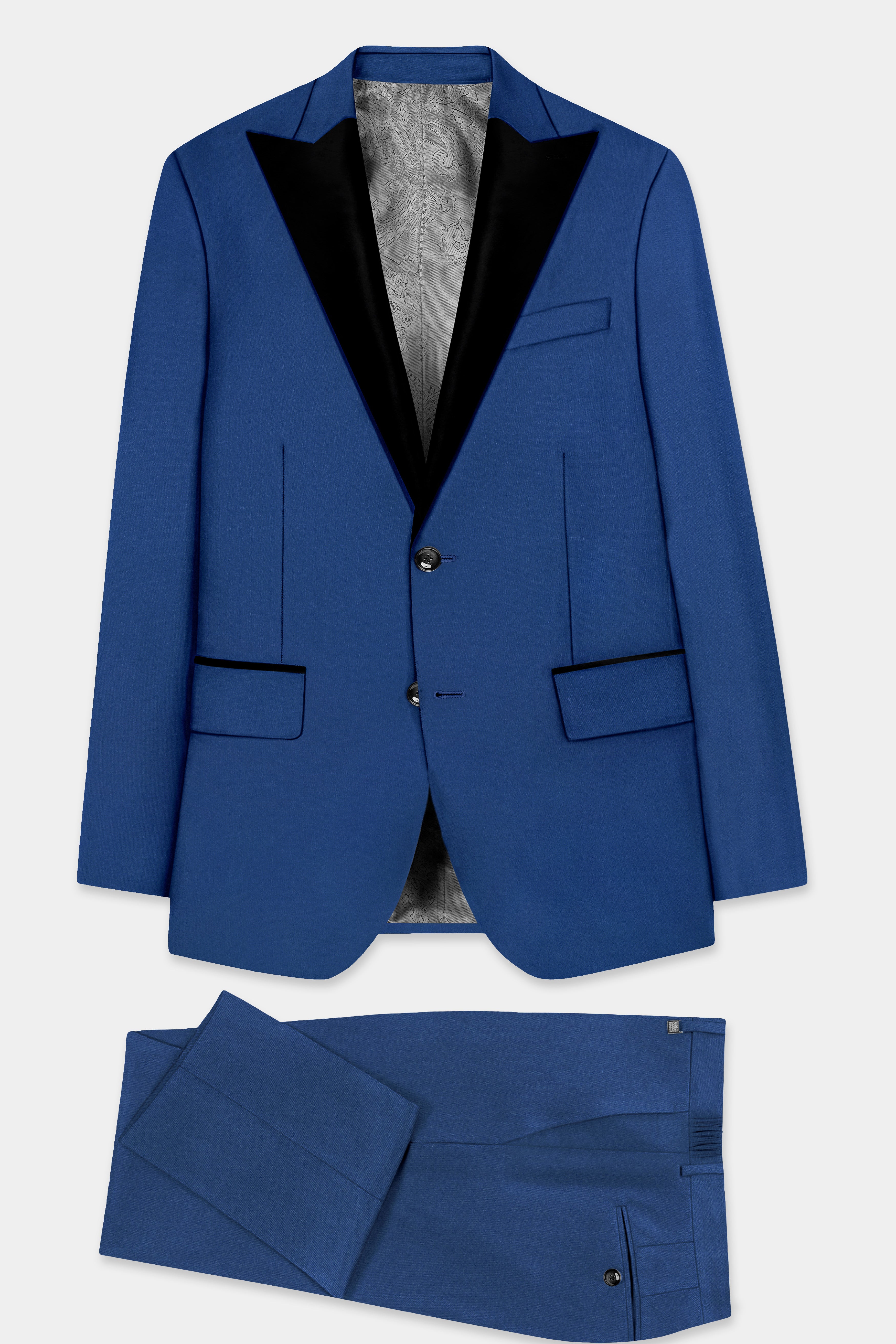 Cerulean Elite-Cobalt Blue Solid Wool Rich Peak Lapel Tuxedo Slight Stretch Suit