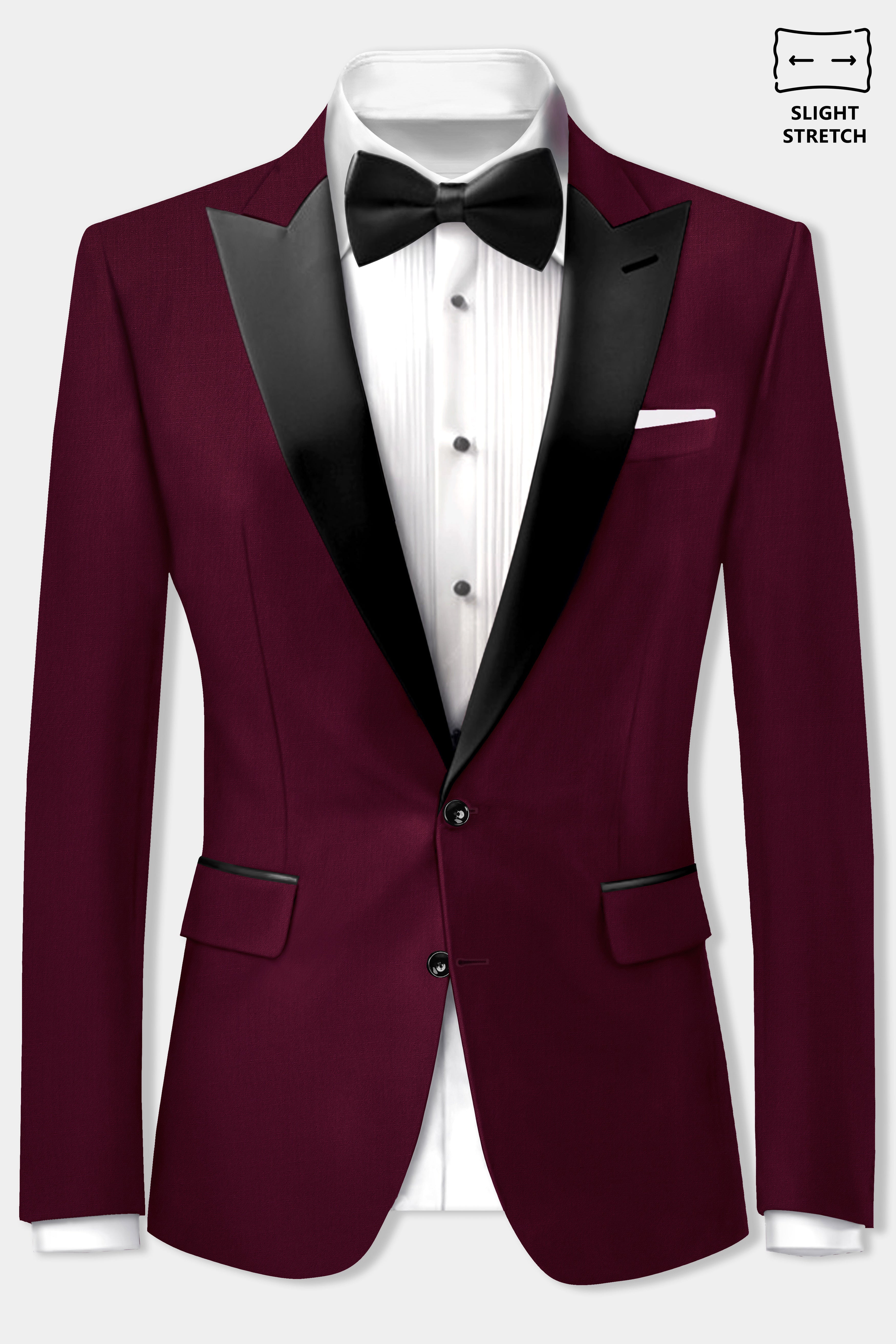 Regal Maroon-Tamarind Solid Wool Rich Peak Lapel Tuxedo Slight Stretch Suit