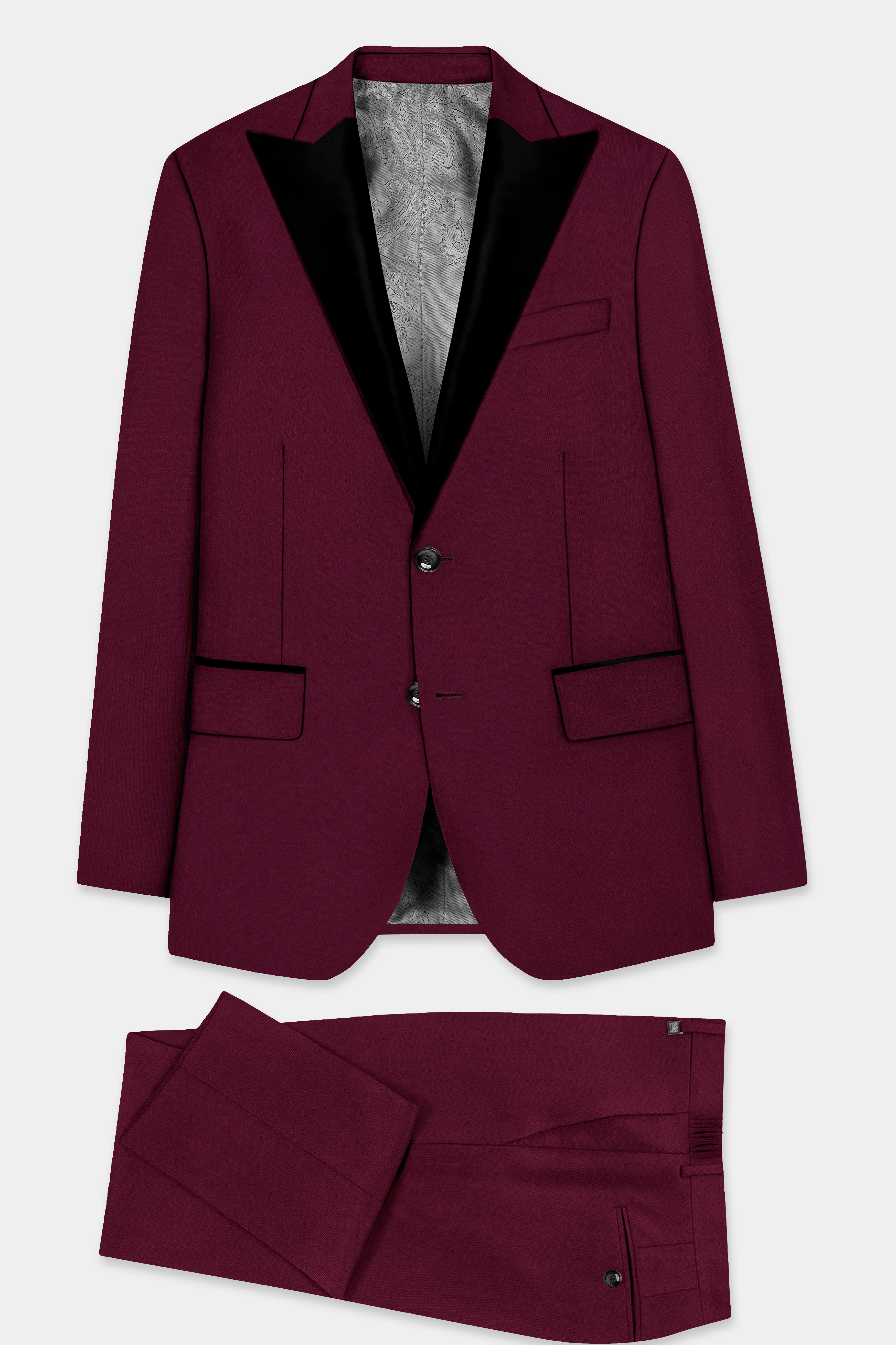 Regal Maroon-Tamarind Solid Wool Rich Peak Lapel Tuxedo Slight Stretch Suit