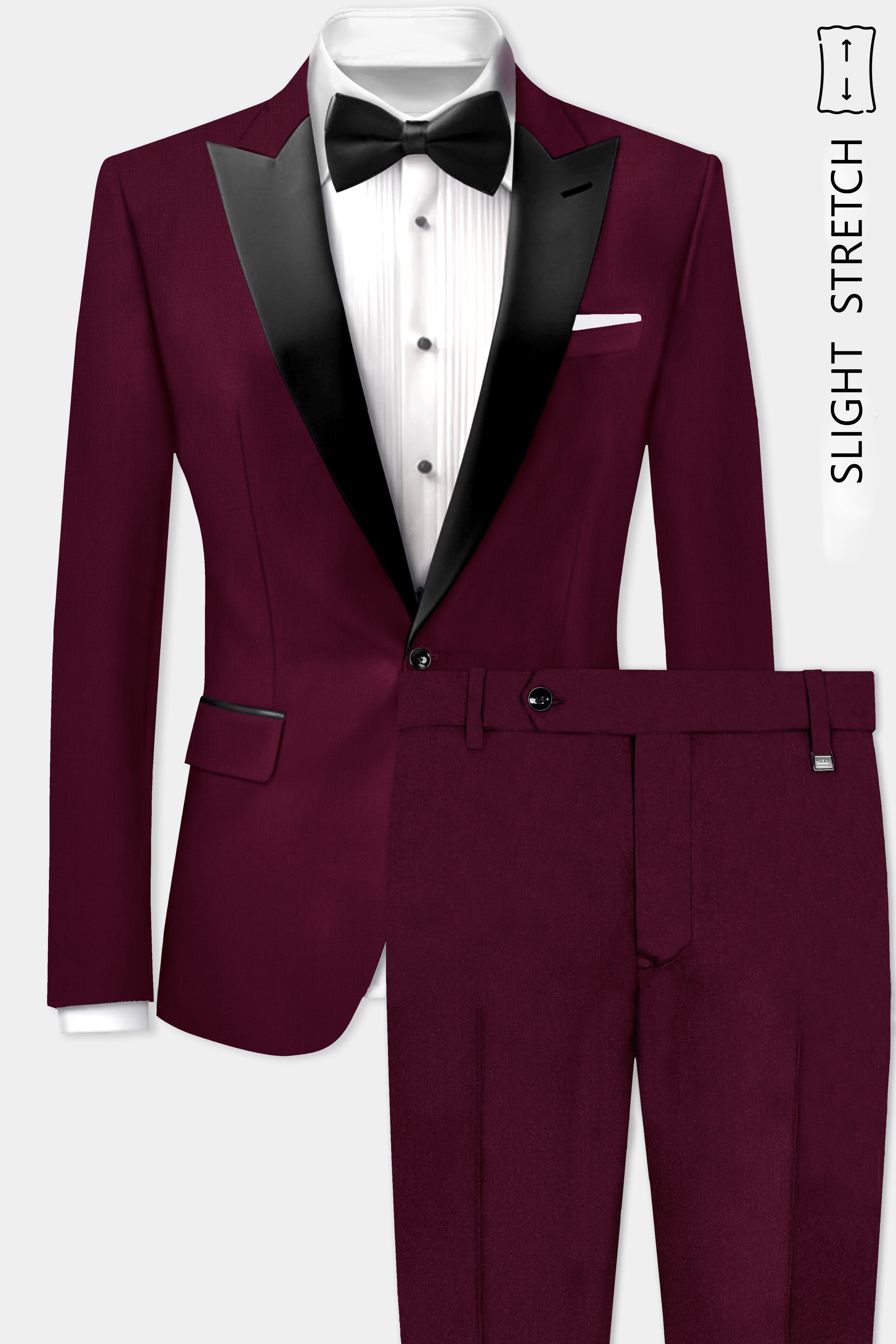 Regal Maroon-Tamarind Solid Wool Rich Peak Lapel Tuxedo Slight Stretch Suit