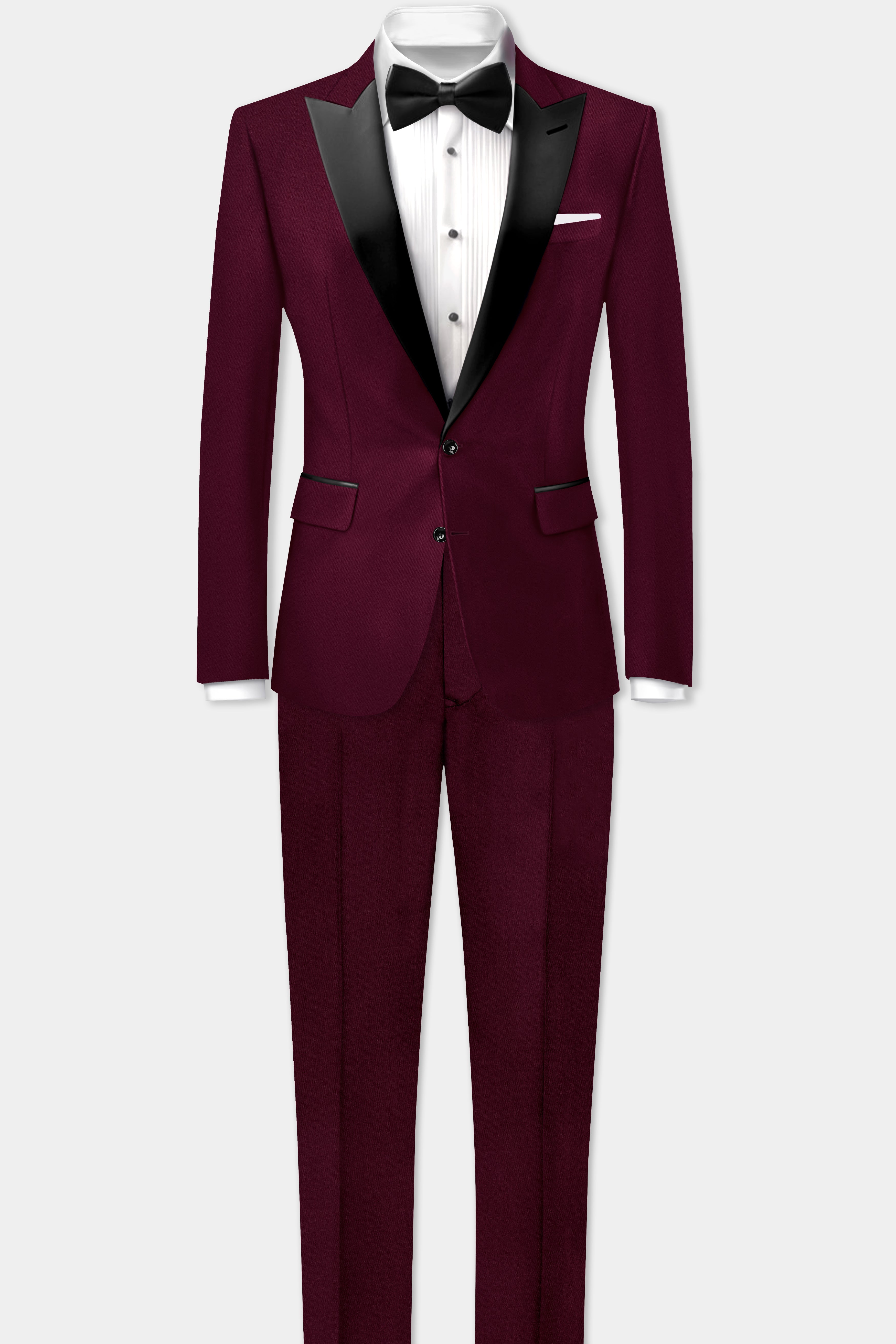 Regal Maroon-Tamarind Solid Wool Rich Peak Lapel Tuxedo Slight Stretch Suit