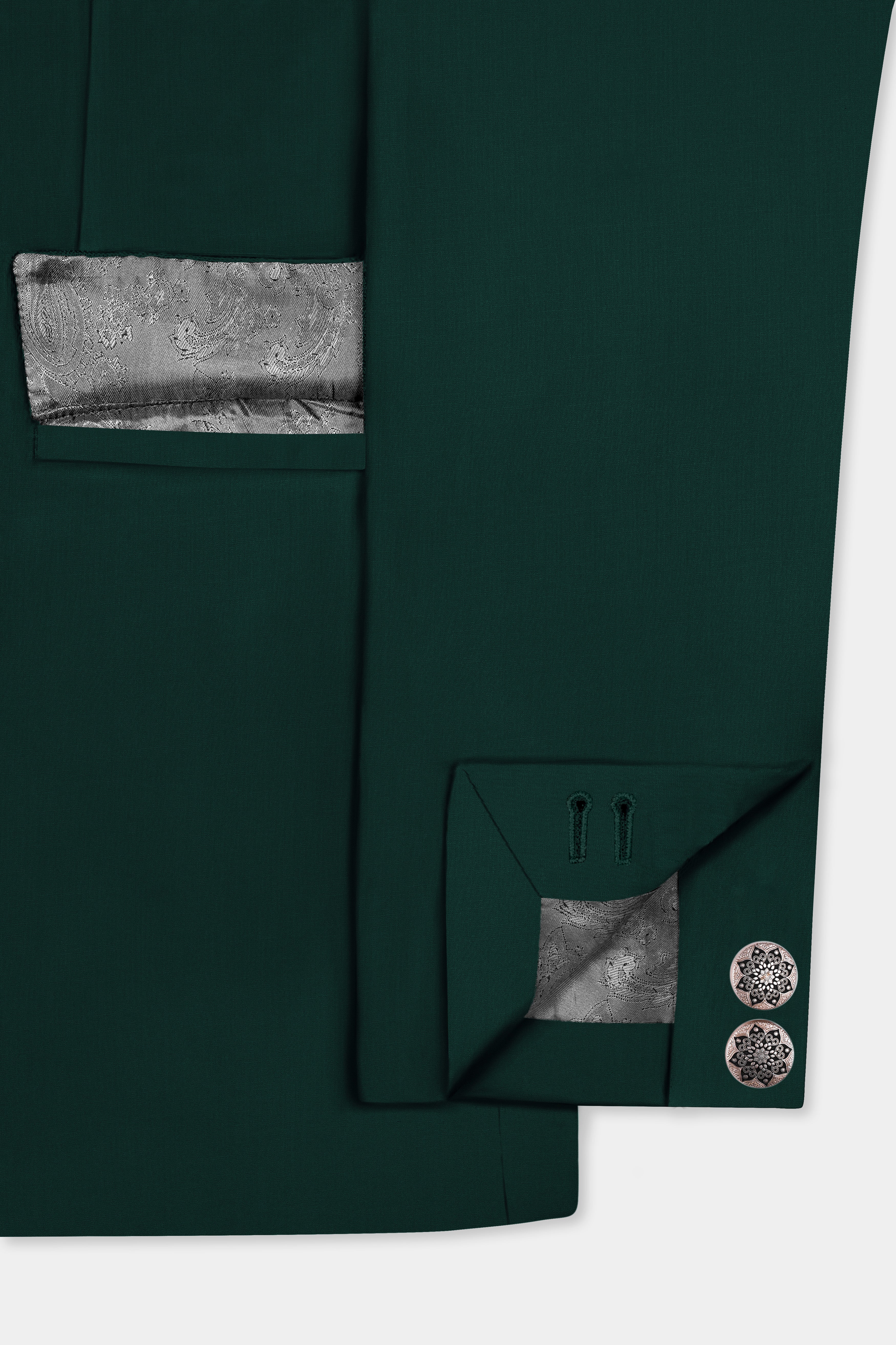 Emerald-Zucchini Green Solid Wool Rich Cross Placket Bandhgala Slight Stretch Suit