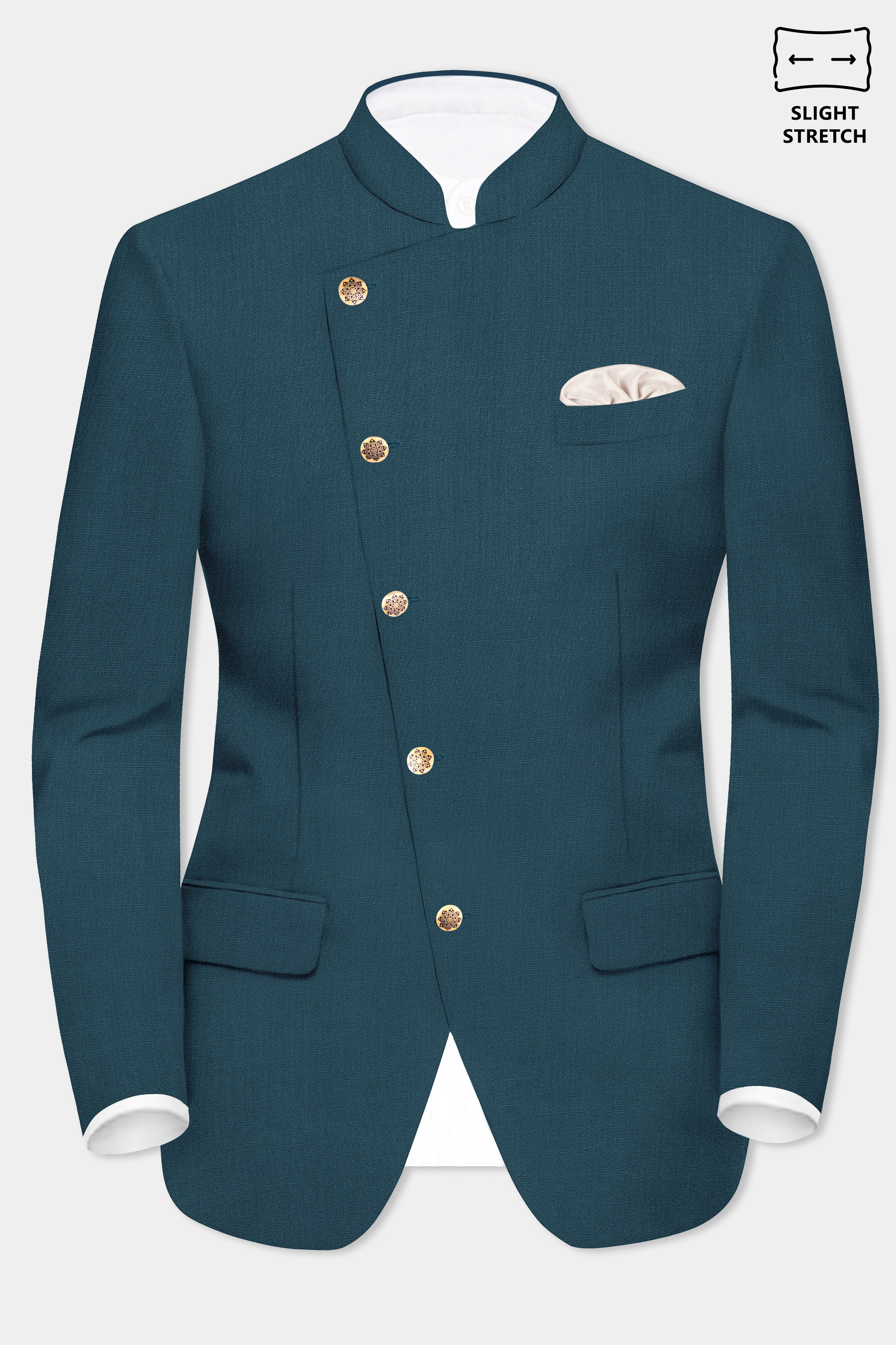 Prestige-Dianne Green Solid Wool Rich Cross Placket Bandhgala Slight Stretch Suit