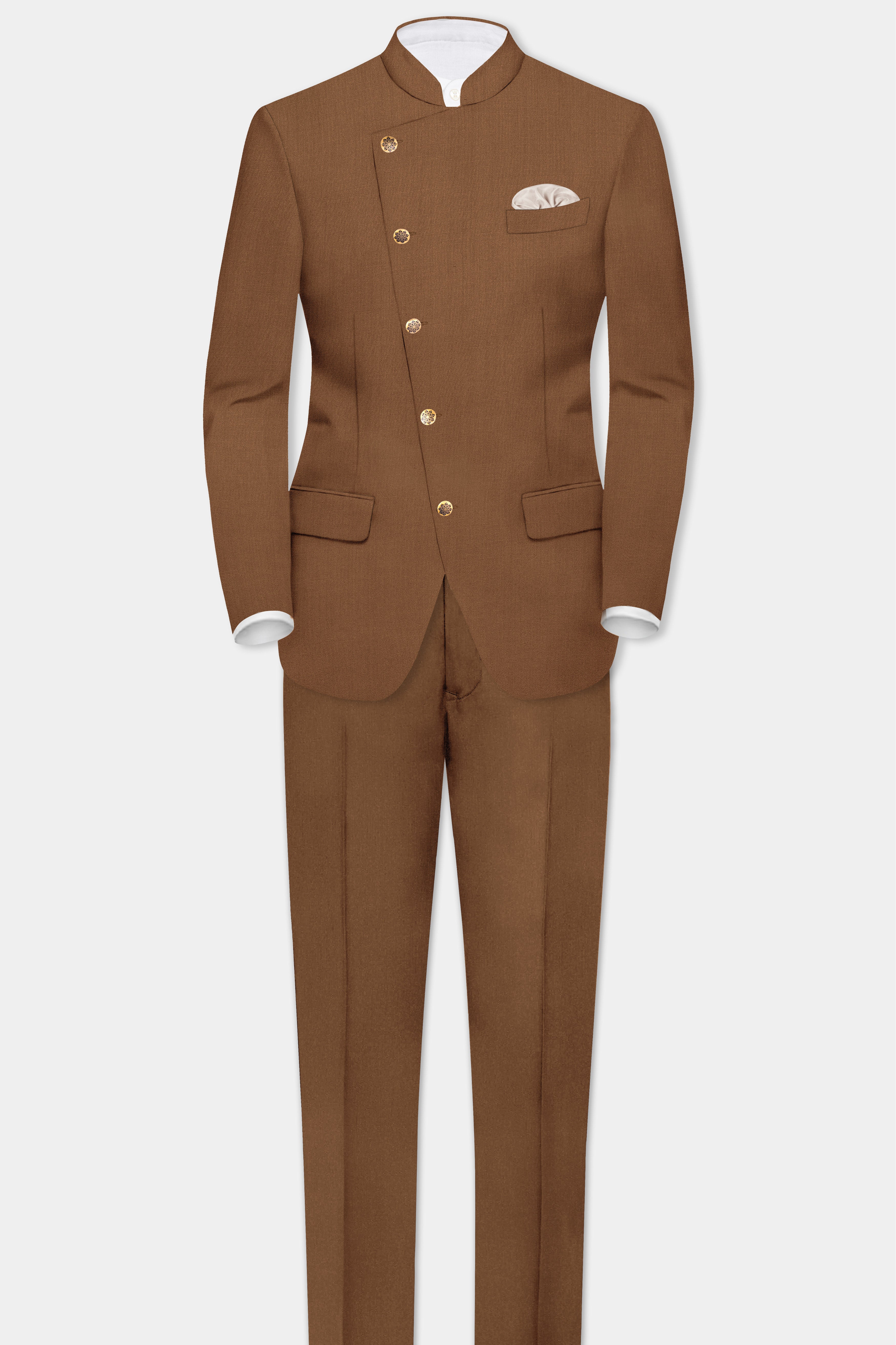Bronze-Tawny Brown Solid Wool Rich Cross Placket Bandhgala Slight Stretch Suit