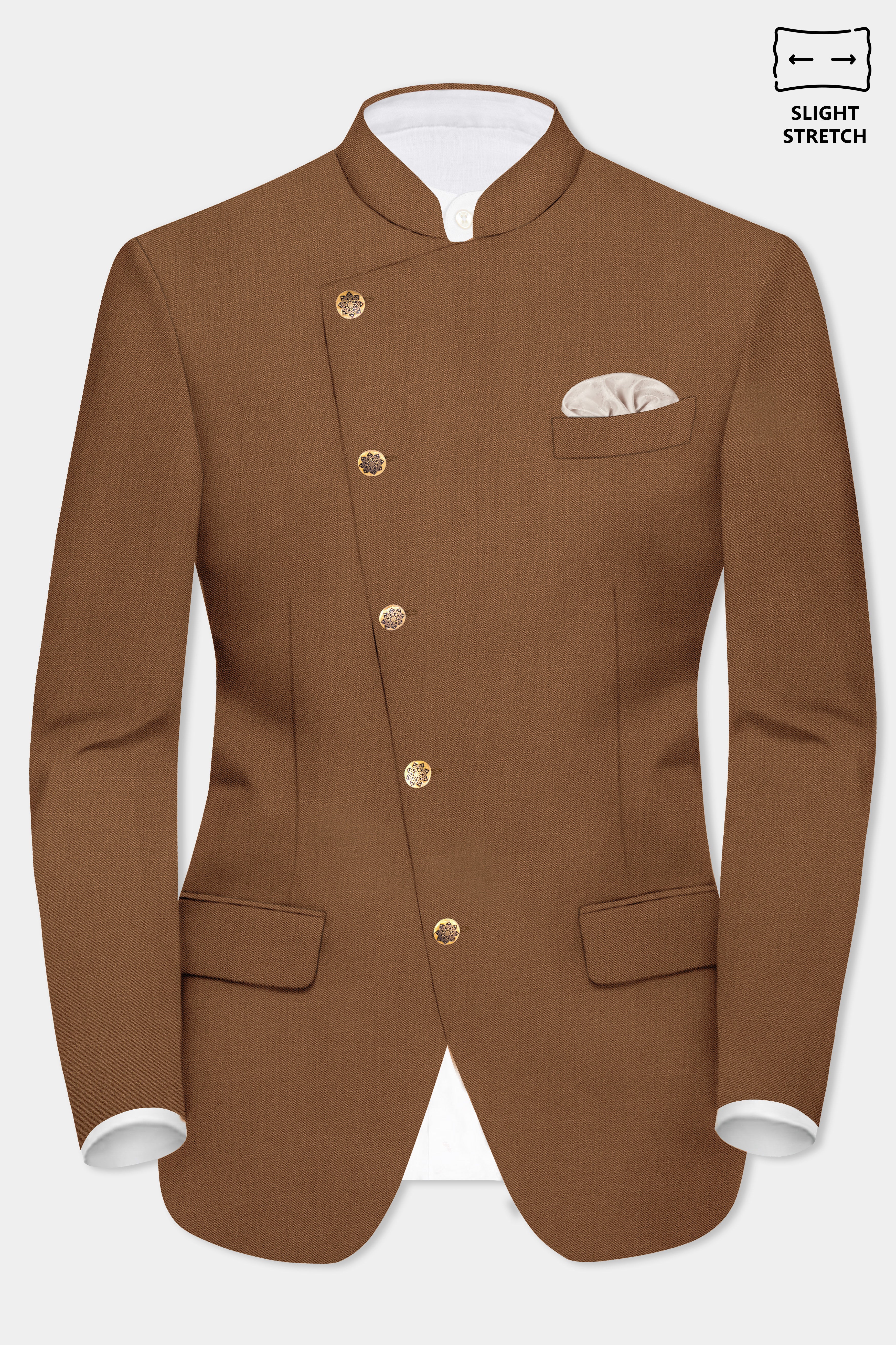 Bronze-Tawny Brown Solid Wool Rich Cross Placket Bandhgala Slight Stretch Suit