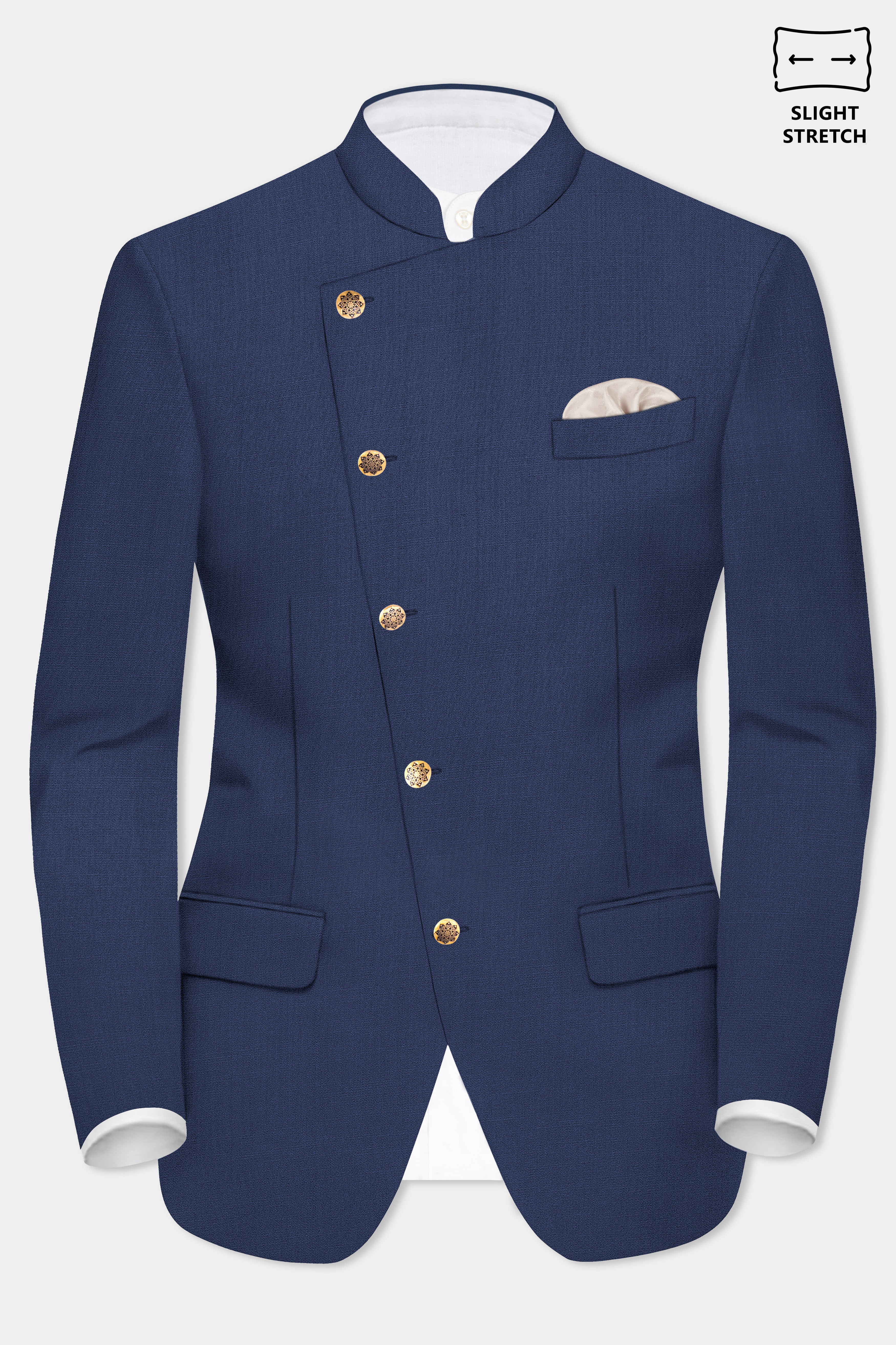 Sapphire-Glaucous Blue Solid Wool Rich Cross Placket Bandhgala Slight Stretch Suit