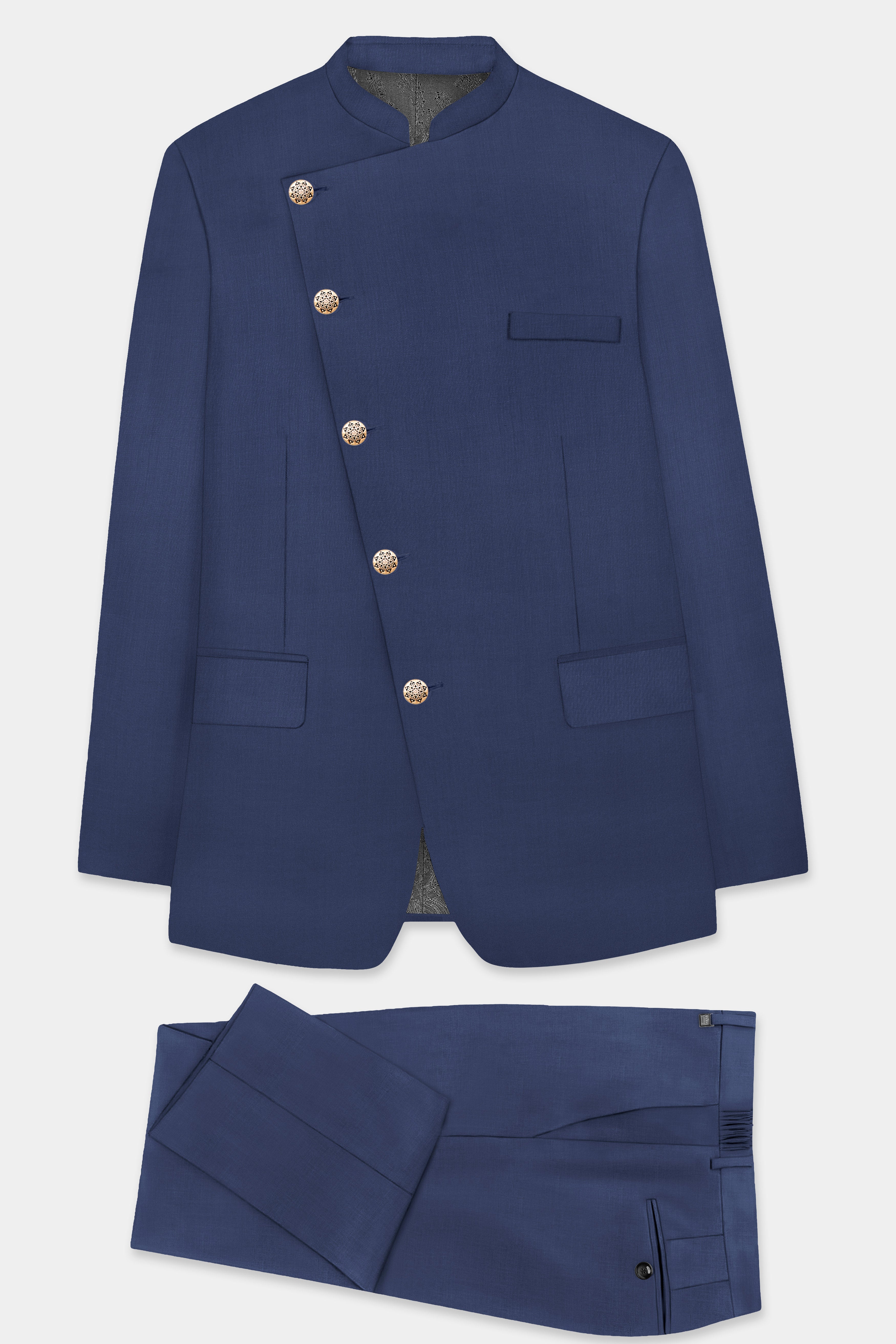 Sapphire-Glaucous Blue Solid Wool Rich Cross Placket Bandhgala Slight Stretch Suit