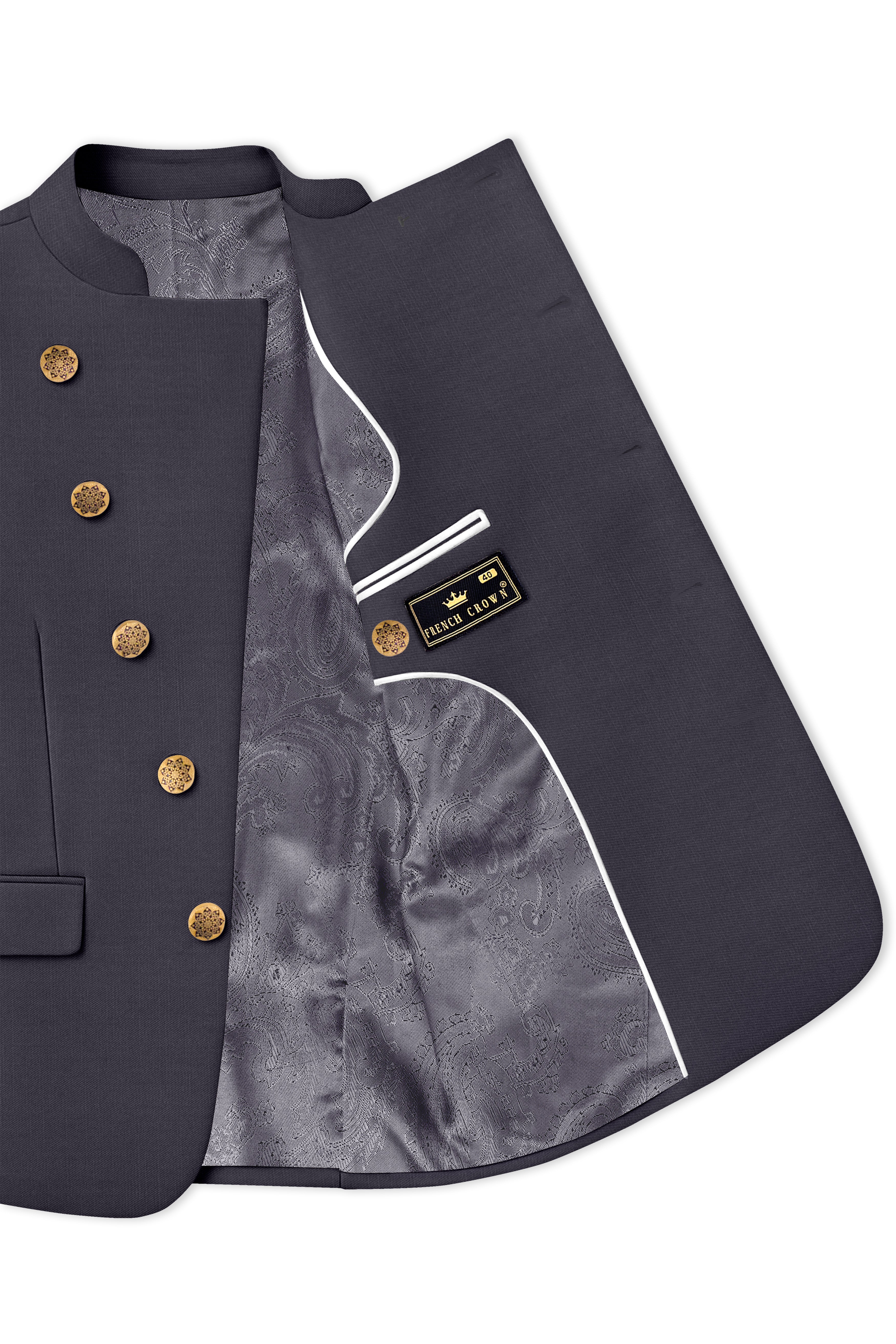 Vogue-Glaucous Gray Solid Wool Rich Cross Placket Bandhgala Slight Stretch Suit