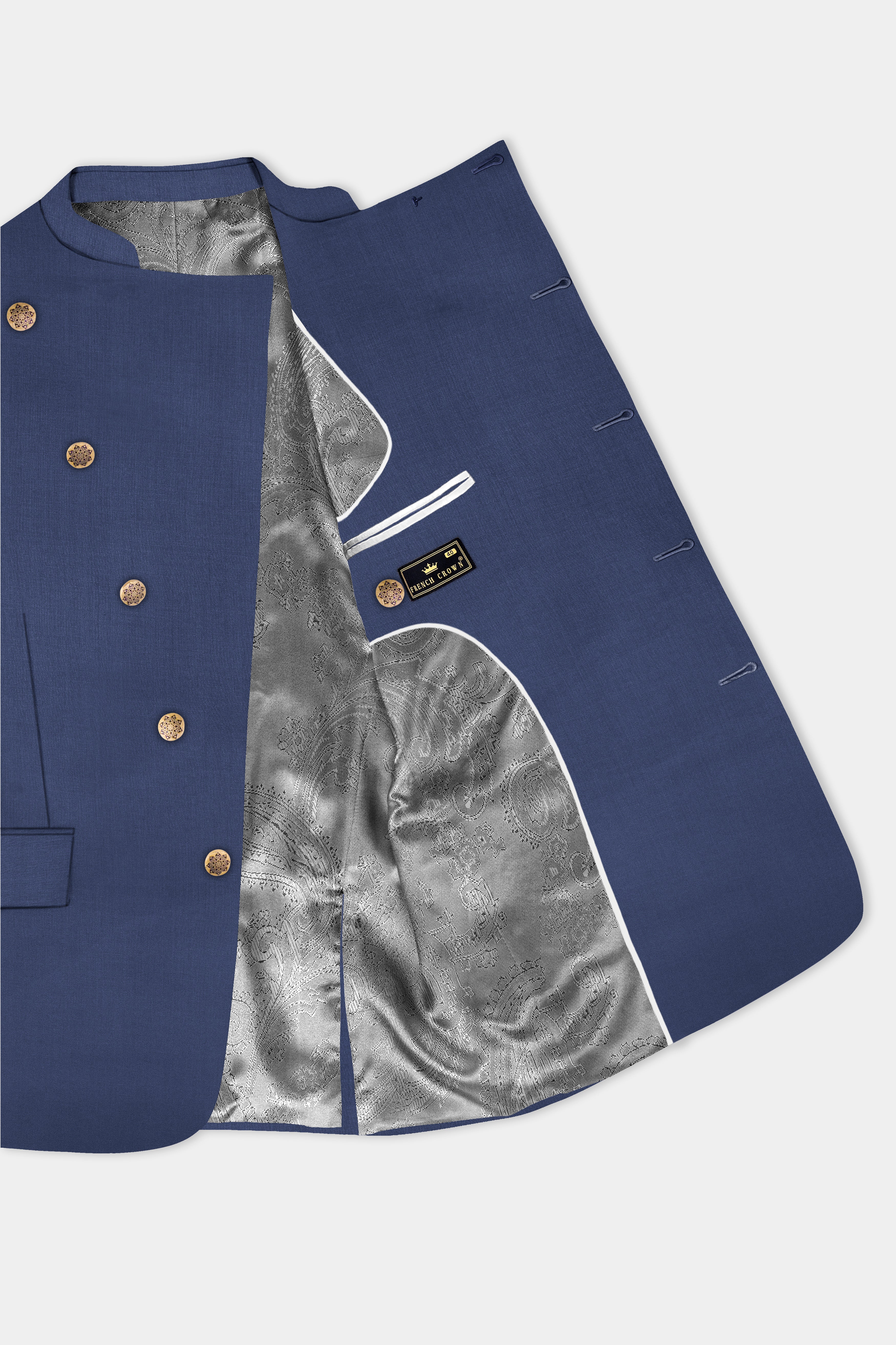 Sapphire-Glaucous Blue Solid Wool Rich Cross Placket Bandhgala Slight Stretch Suit