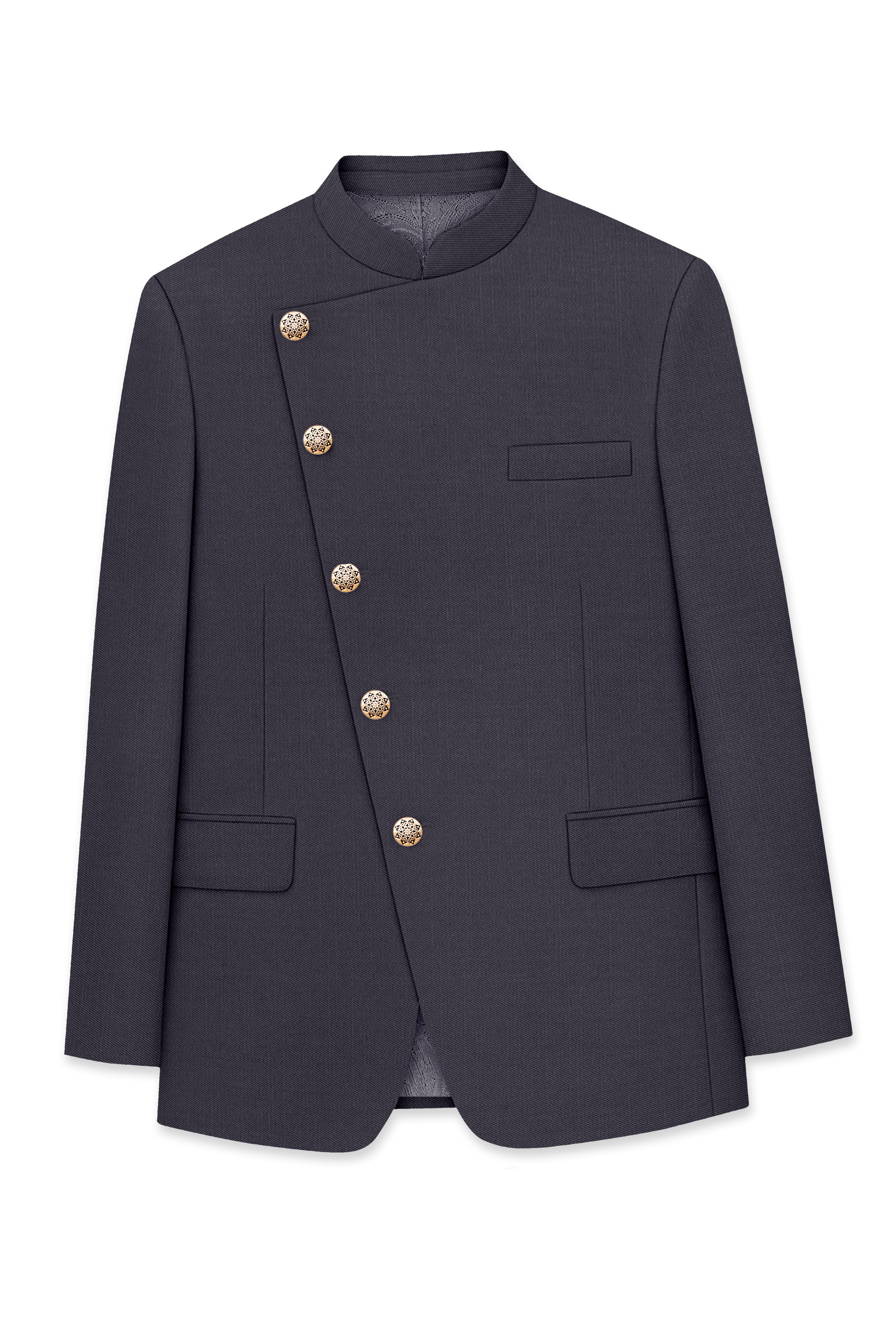 Vogue-Glaucous Gray Solid Wool Rich Cross Placket Bandhgala Slight Stretch Suit