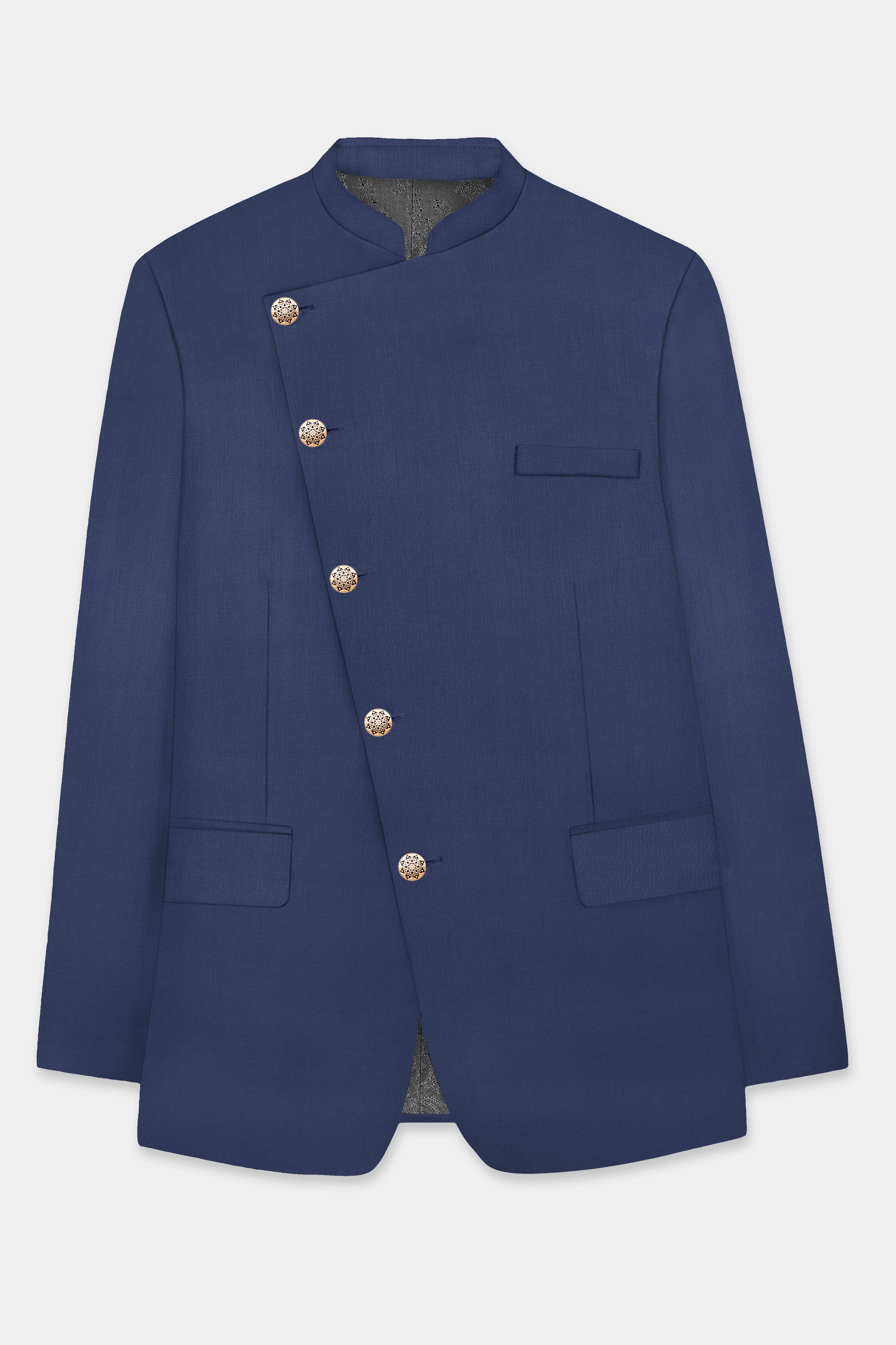 Sapphire-Glaucous Blue Solid Wool Rich Cross Placket Bandhgala Slight Stretch Suit