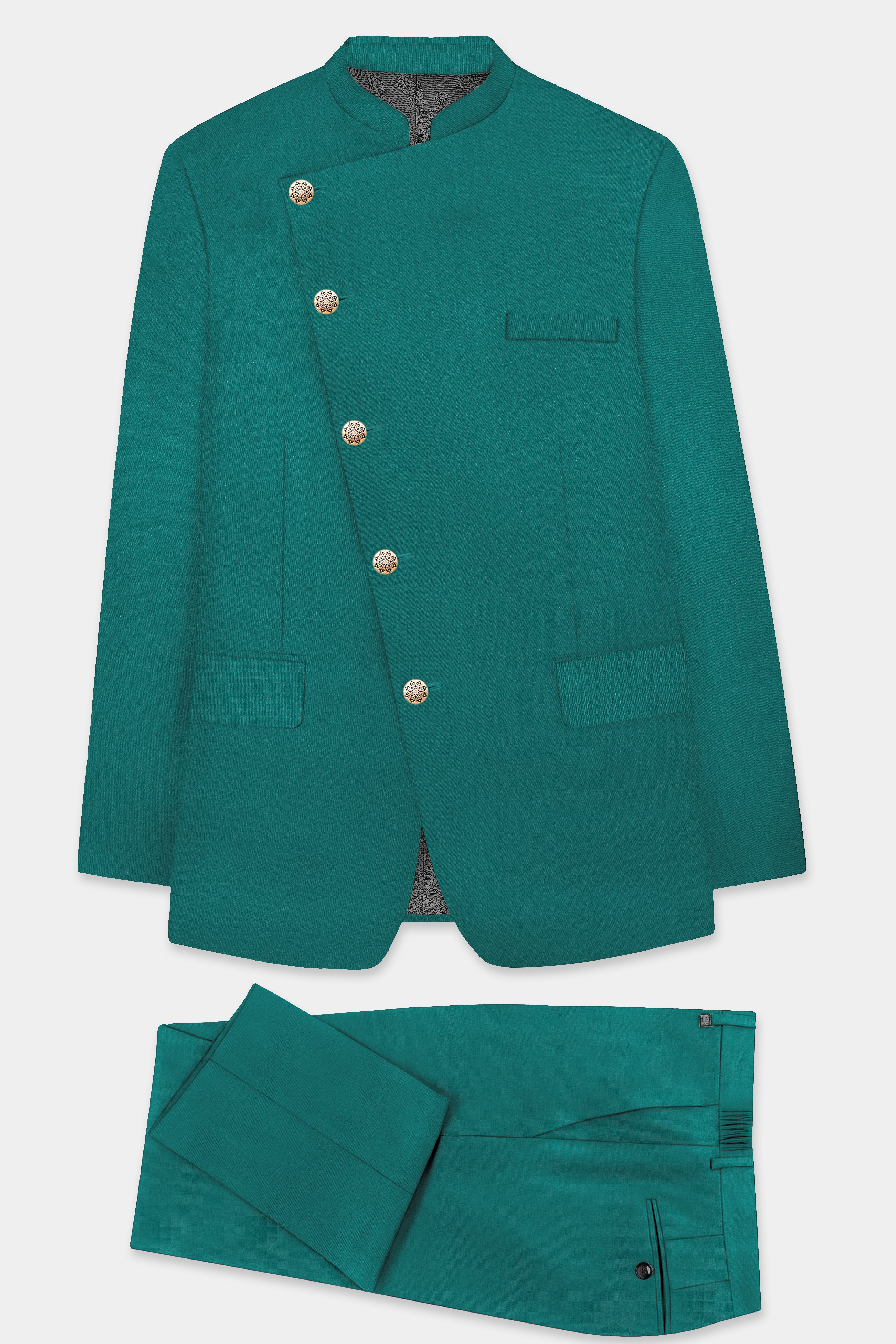 Verdant Classic-Surfie Green Solid Wool Rich Cross Placket Bandhgala Slight Stretch Suit