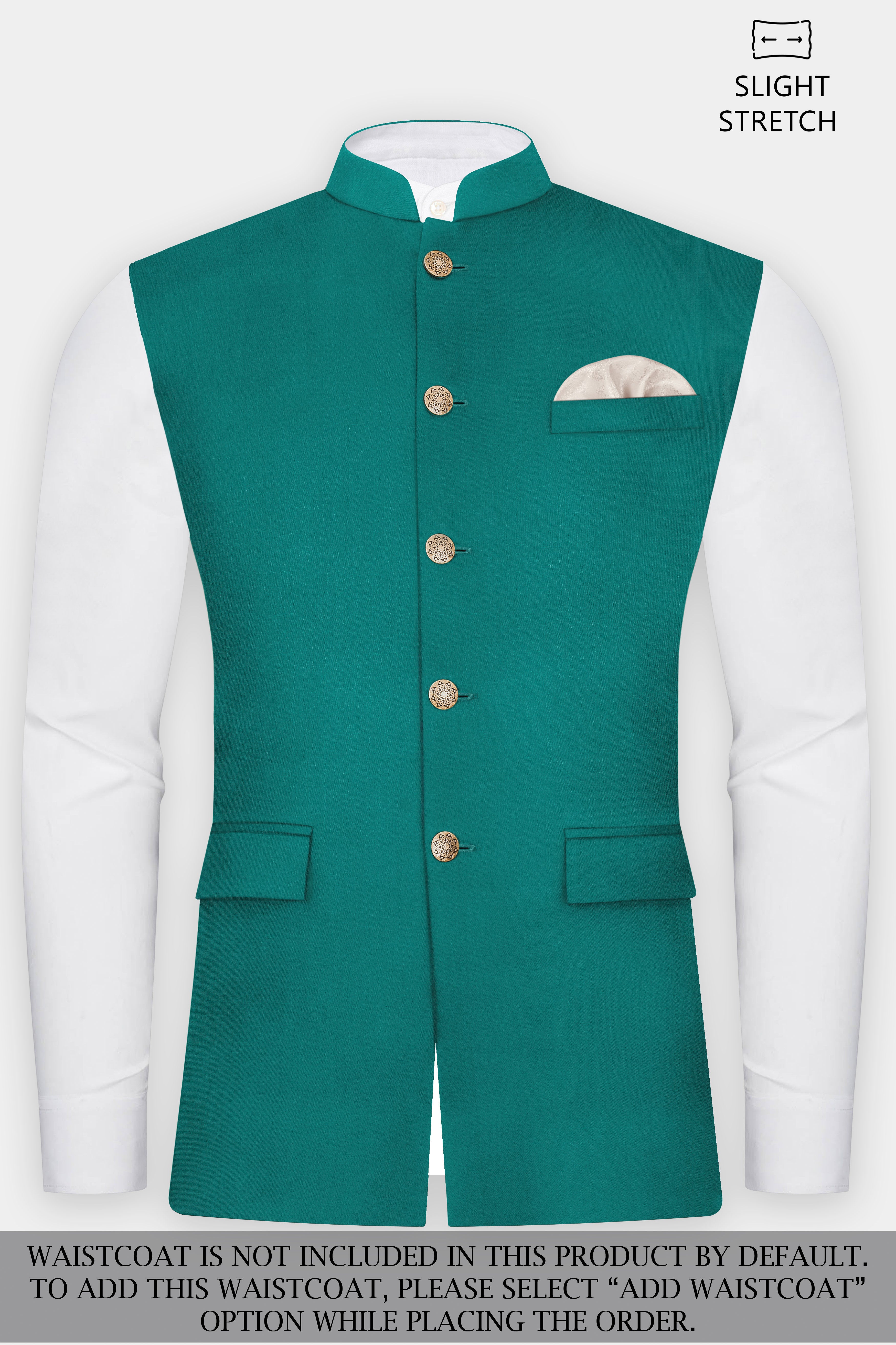 Verdant Classic-Surfie Green Solid Wool Rich Cross Placket Bandhgala Slight Stretch Suit