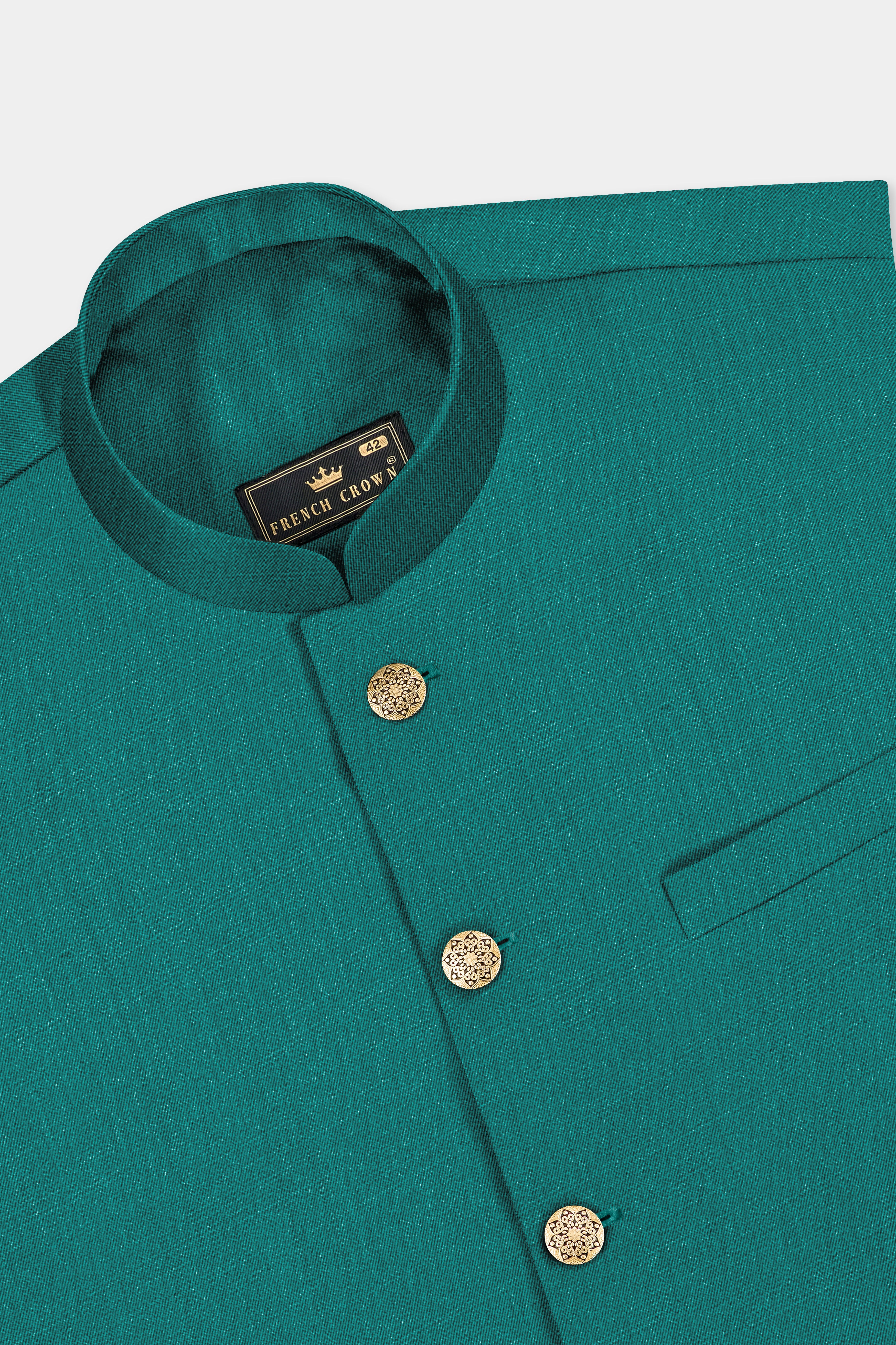 Verdant Classic-Surfie Green Solid Wool Rich Cross Placket Bandhgala Slight Stretch Suit