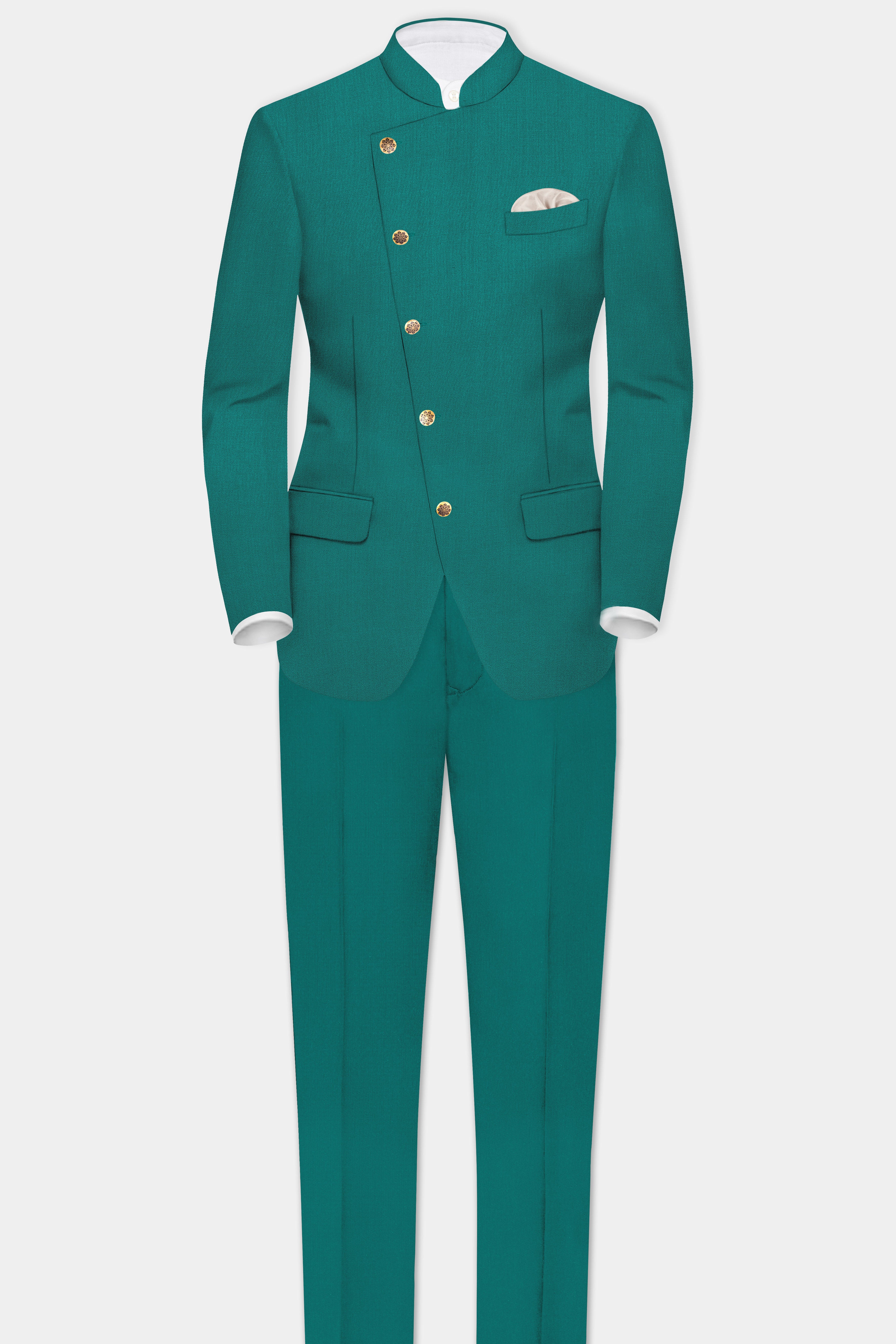 Verdant Classic-Surfie Green Solid Wool Rich Cross Placket Bandhgala Slight Stretch Suit