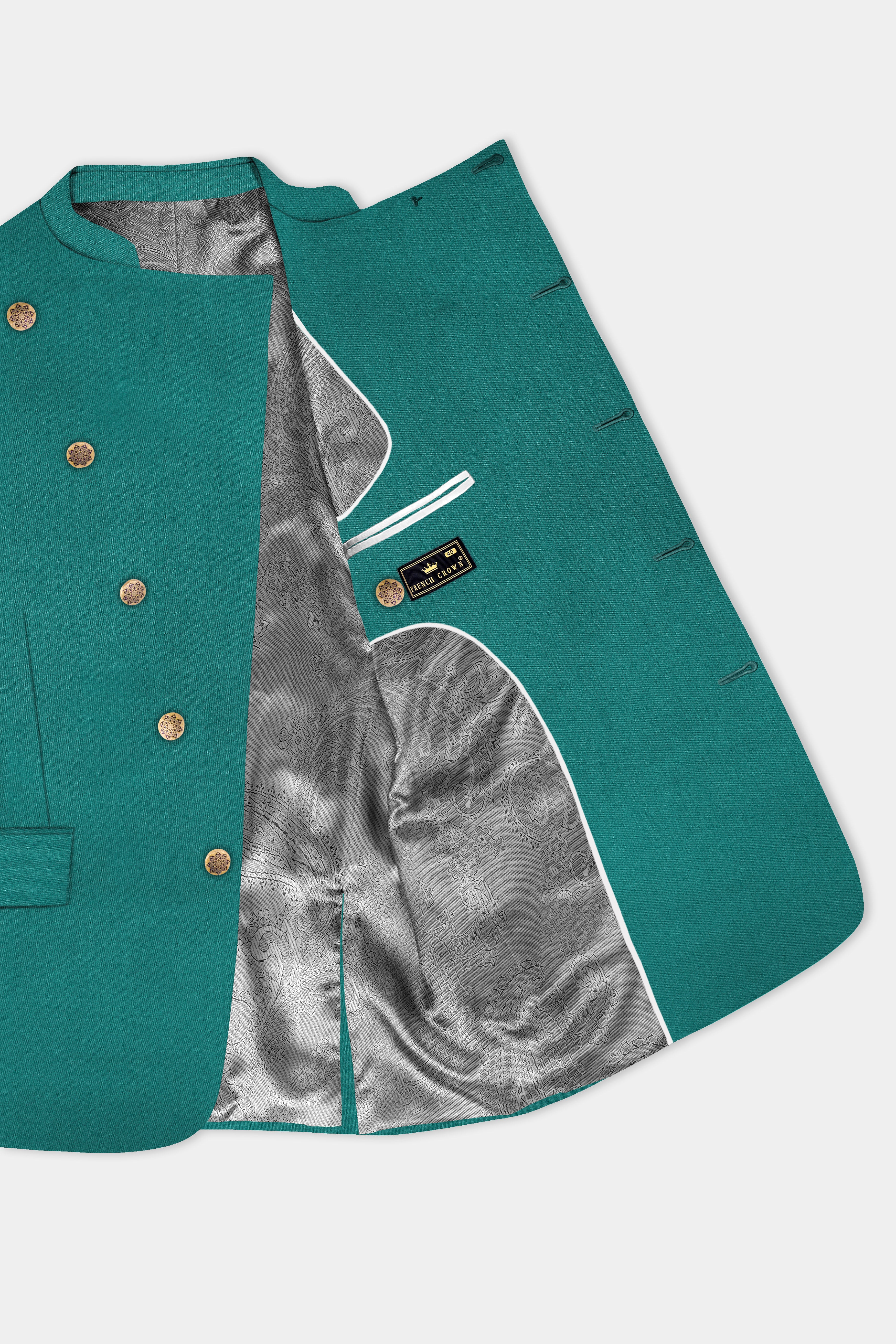 Verdant Classic-Surfie Green Solid Wool Rich Cross Placket Bandhgala Slight Stretch Suit