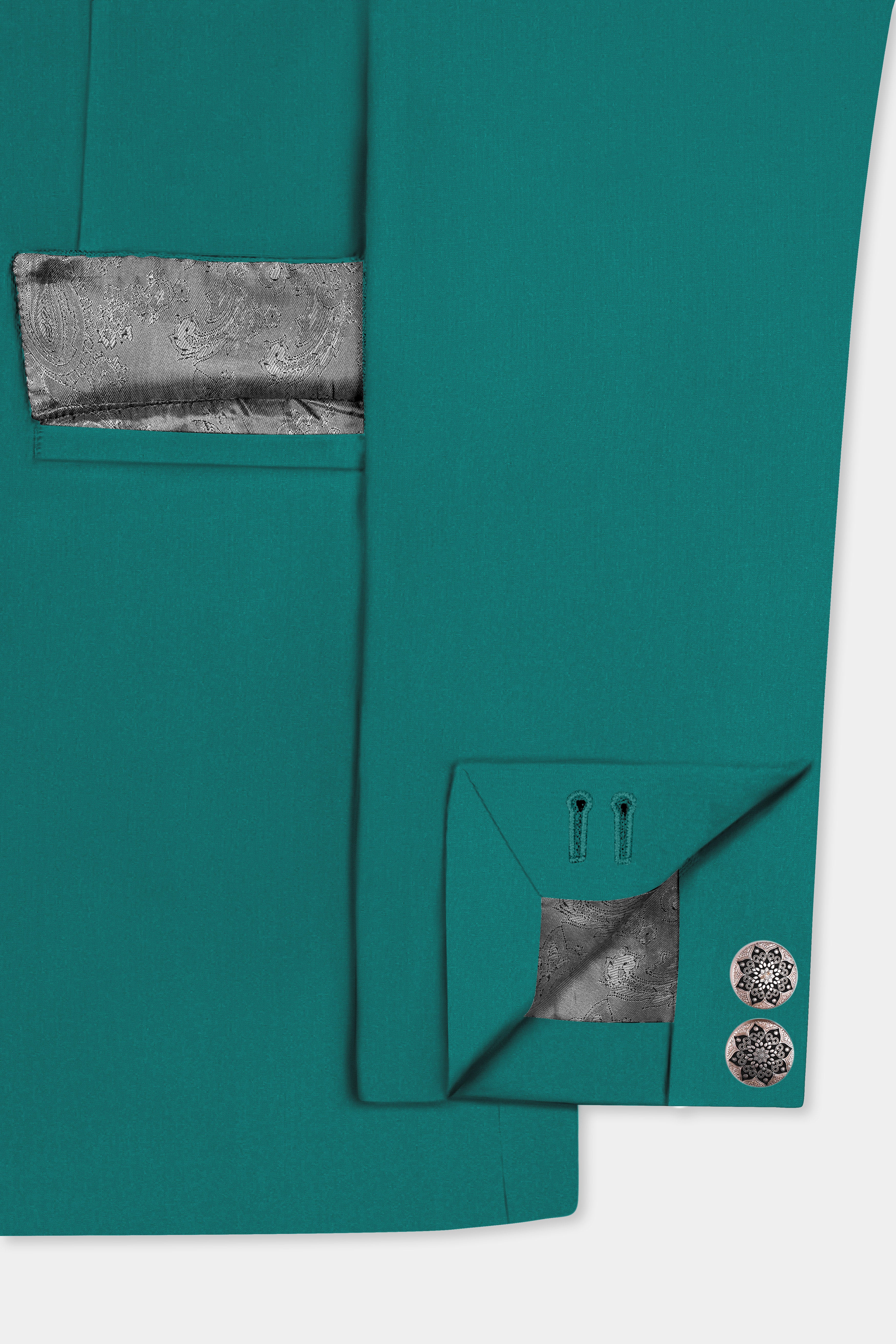 Verdant Classic-Surfie Green Solid Wool Rich Cross Placket Bandhgala Slight Stretch Suit