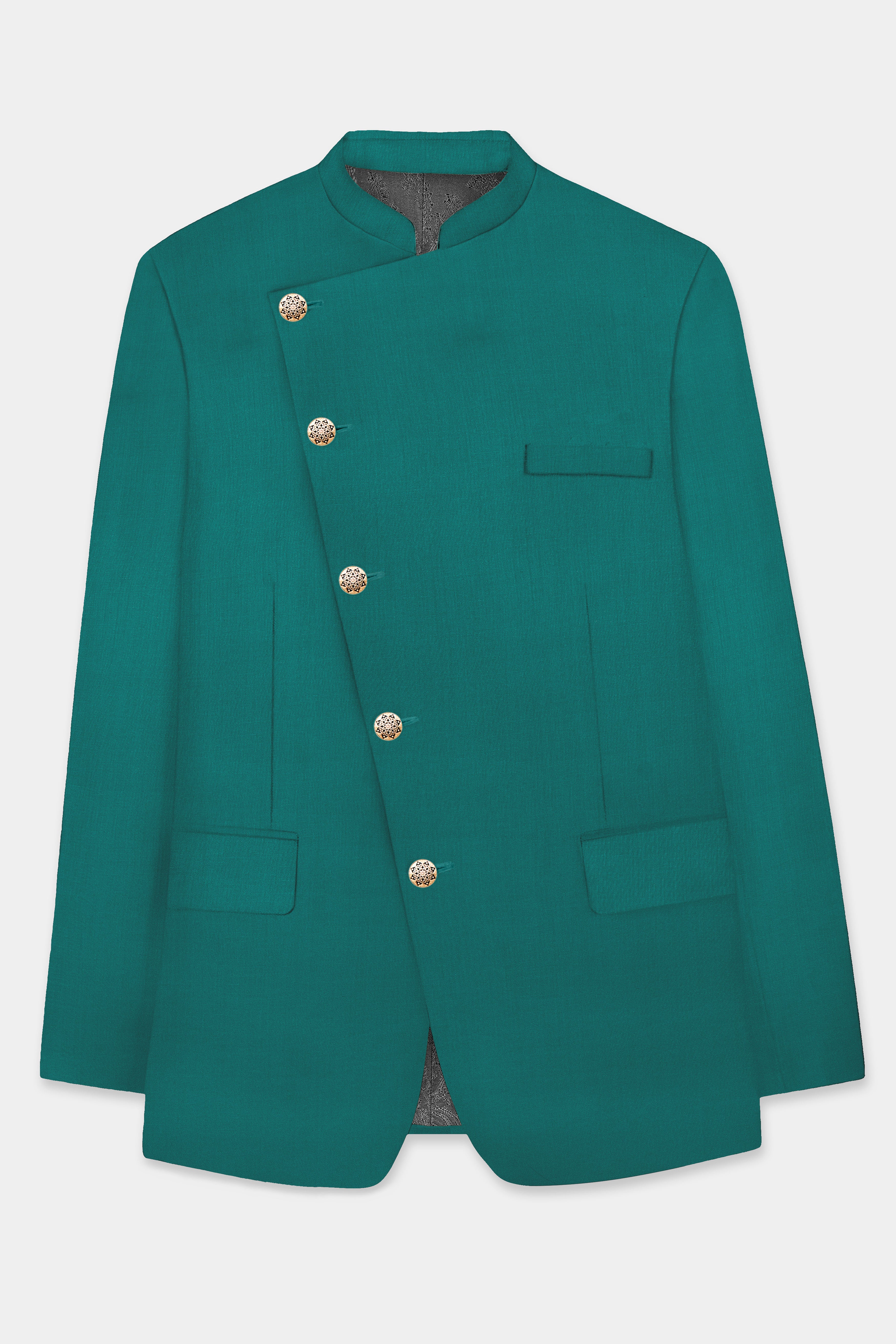 Verdant Classic-Surfie Green Solid Wool Rich Cross Placket Bandhgala Slight Stretch Suit