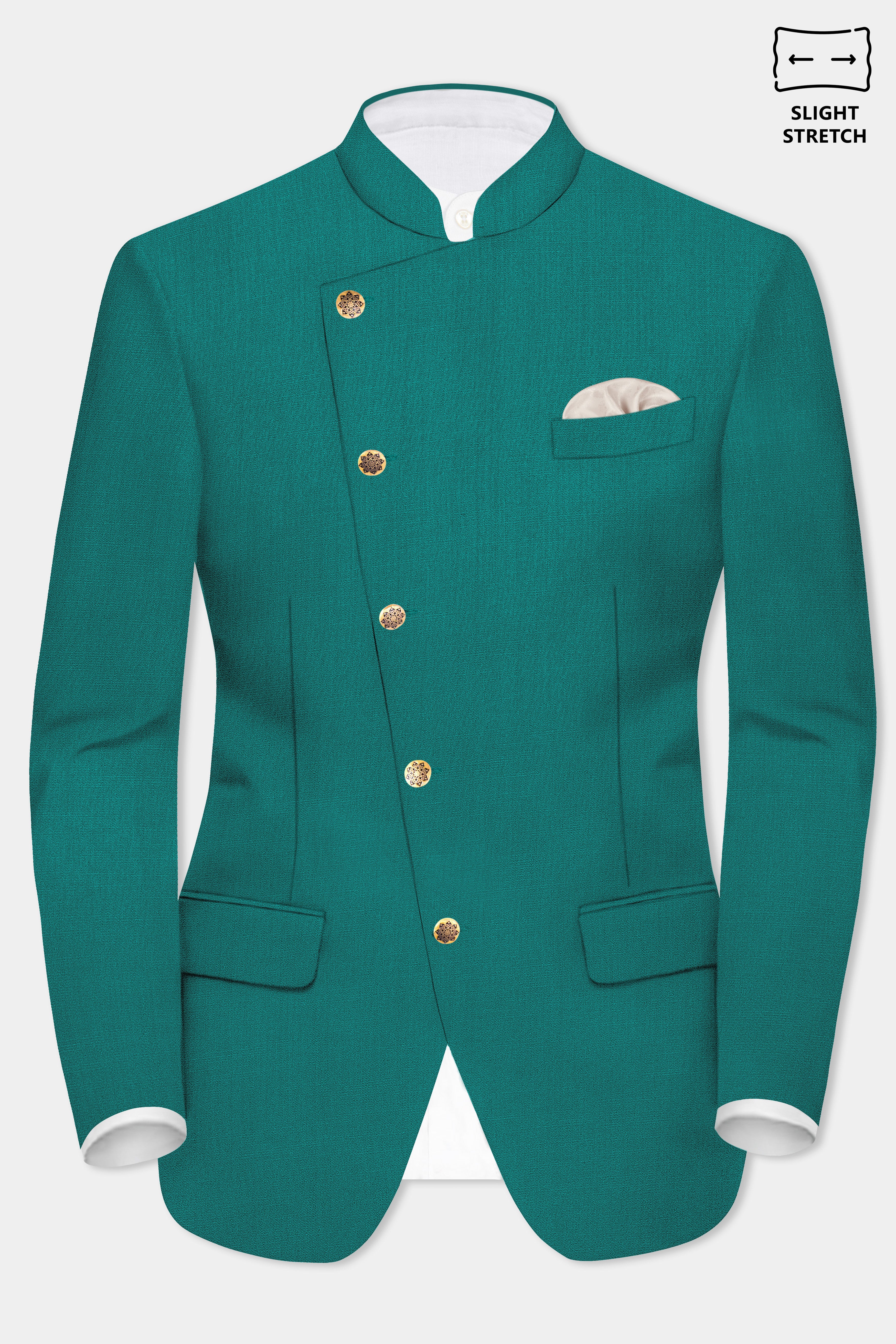 Verdant Classic-Surfie Green Solid Wool Rich Cross Placket Bandhgala Slight Stretch Suit