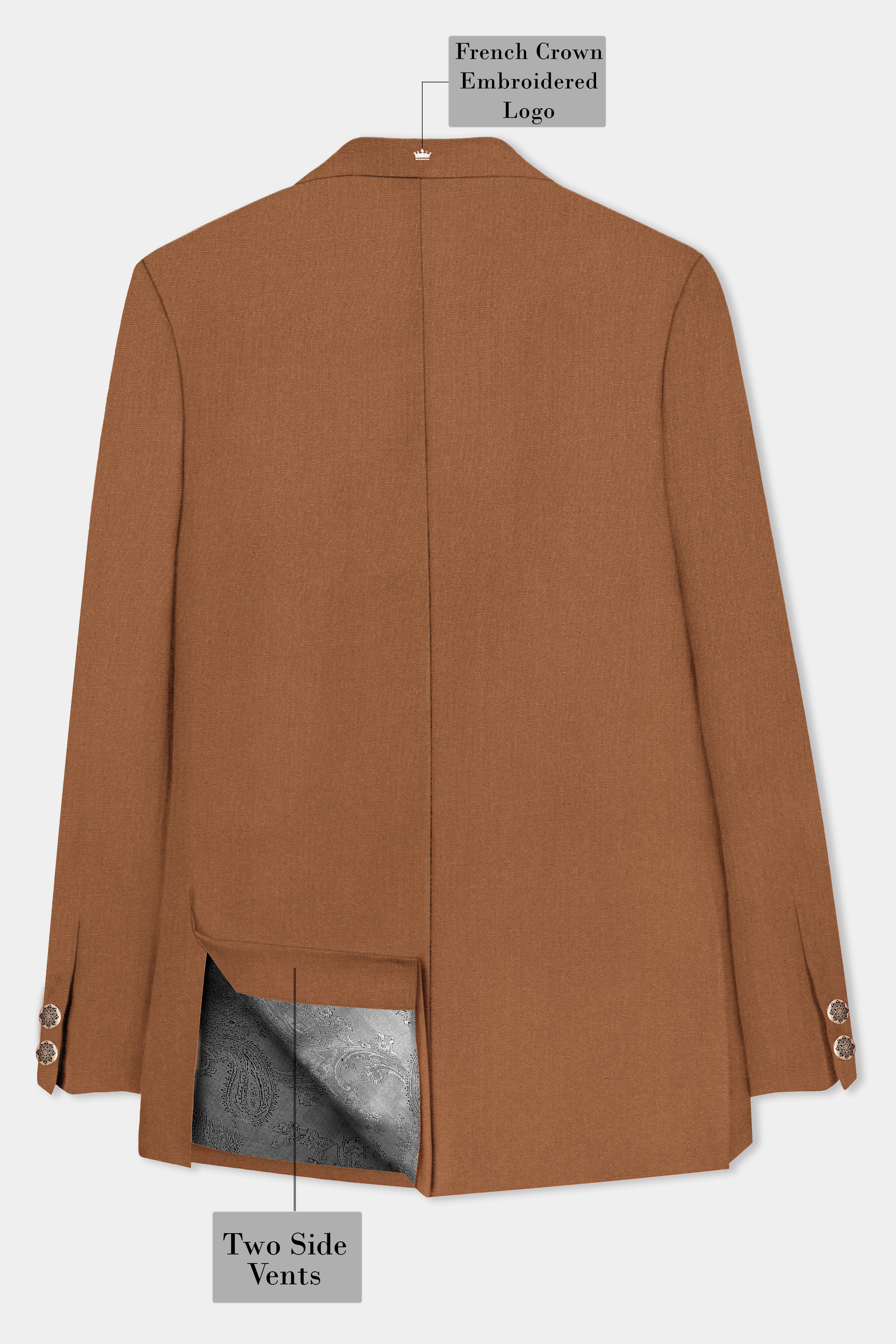 Cinnamon Oak-Sienna Brown Solid Wool Rich Cross Placket Bandhgala Slight Stretch Suit