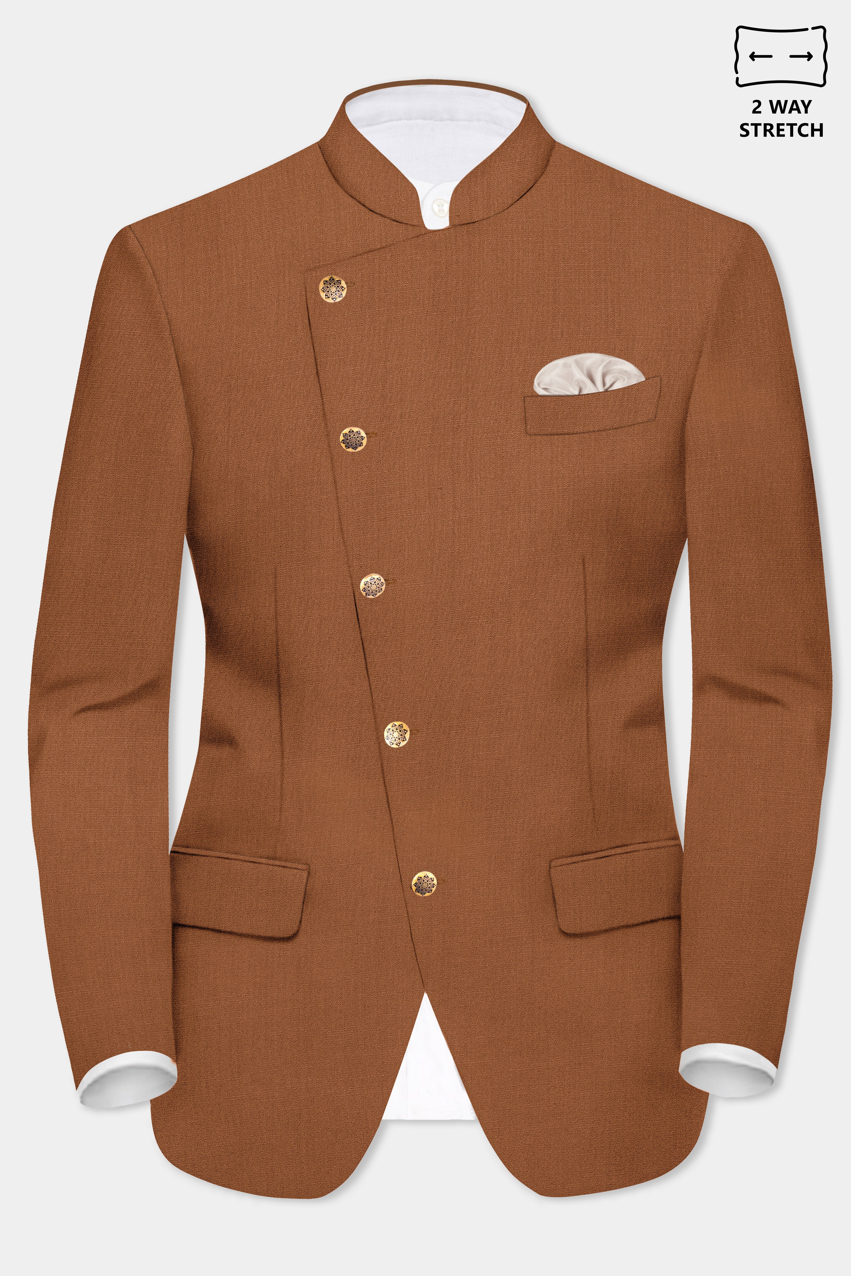 Cinnamon Oak-Sienna Brown Solid Wool Rich Cross Placket Bandhgala Slight Stretch Suit