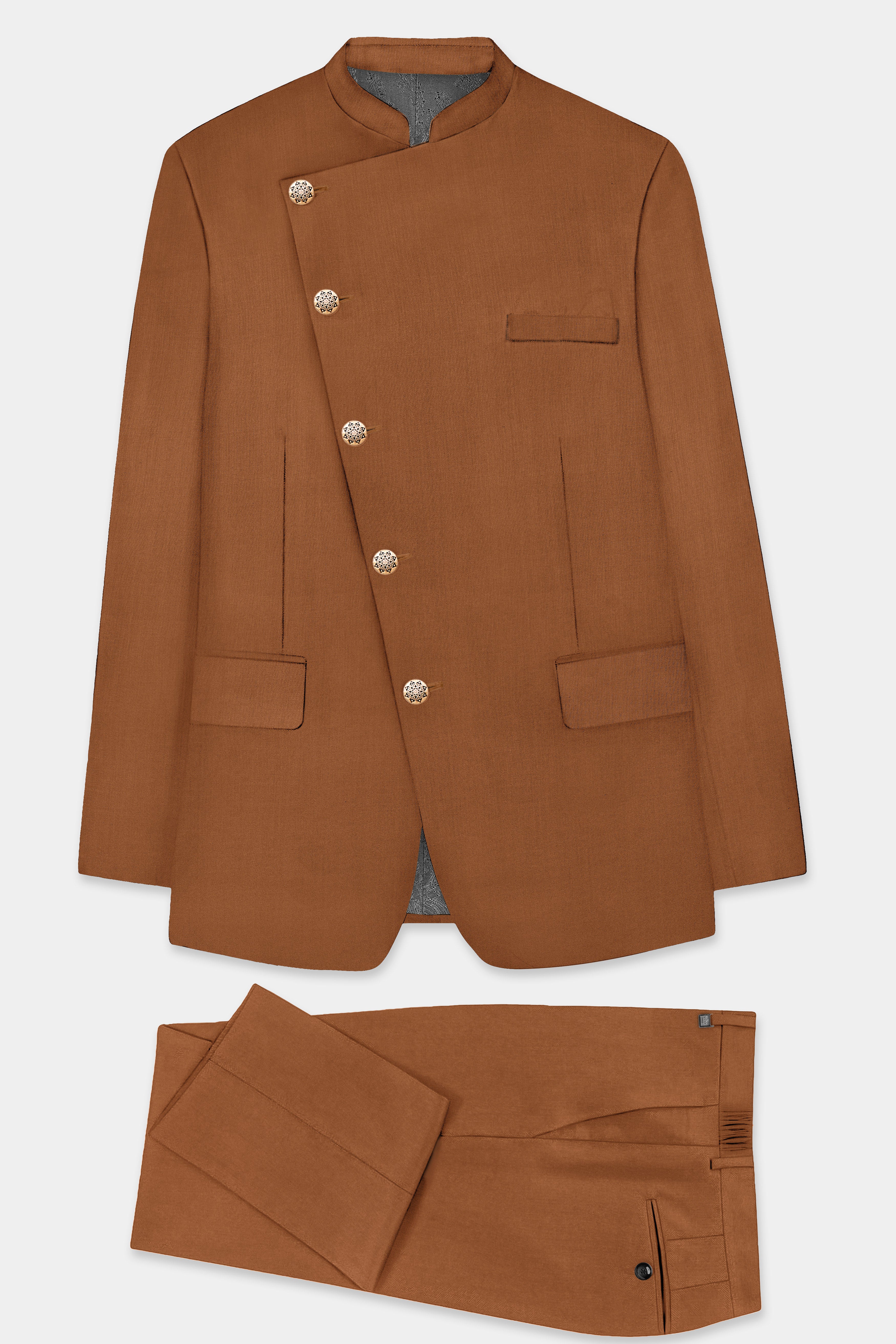 Cinnamon Oak-Sienna Brown Solid Wool Rich Cross Placket Bandhgala Slight Stretch Suit