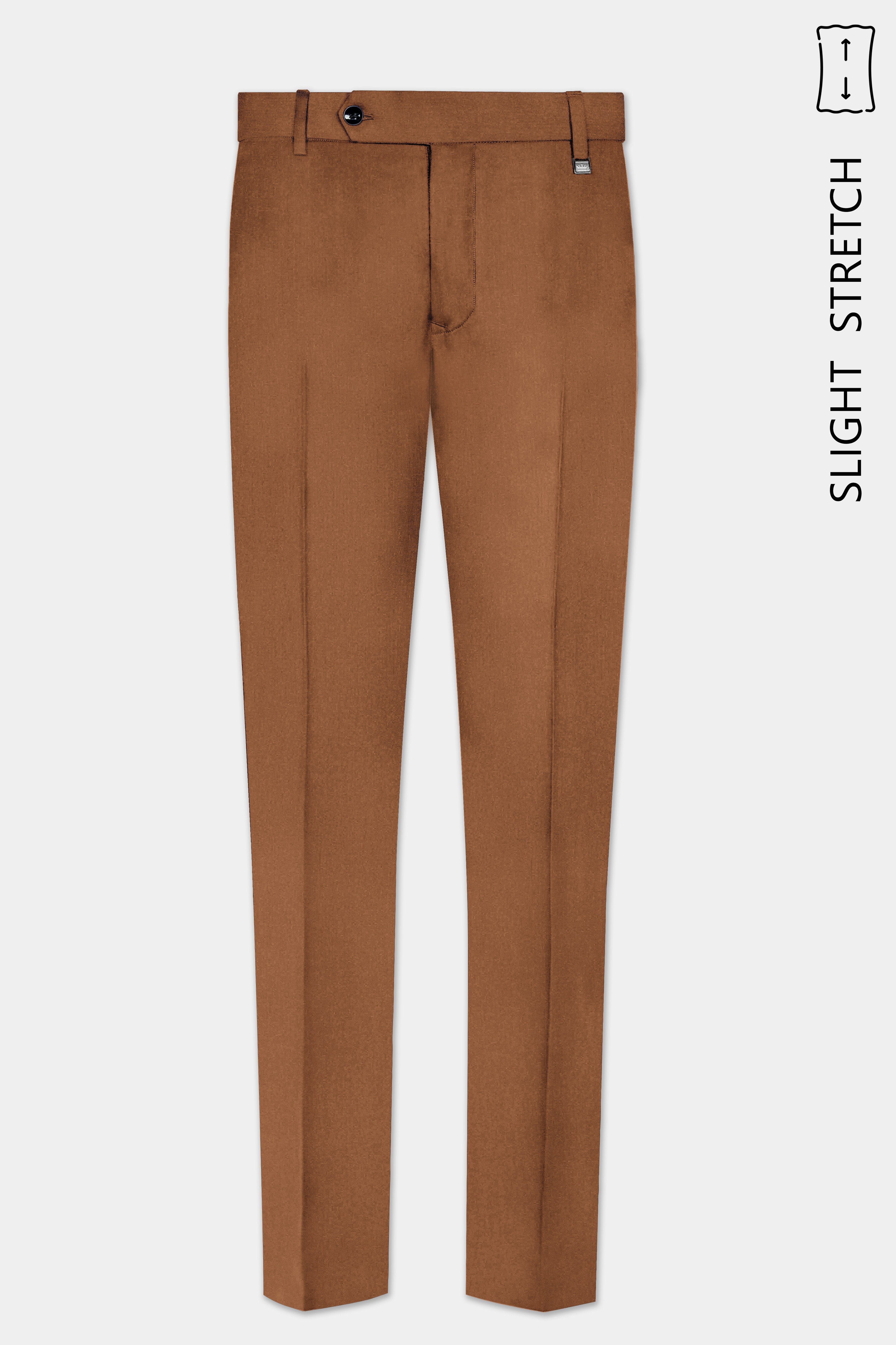 Cinnamon Oak-Sienna Brown Solid Wool Rich Cross Placket Bandhgala Slight Stretch Suit