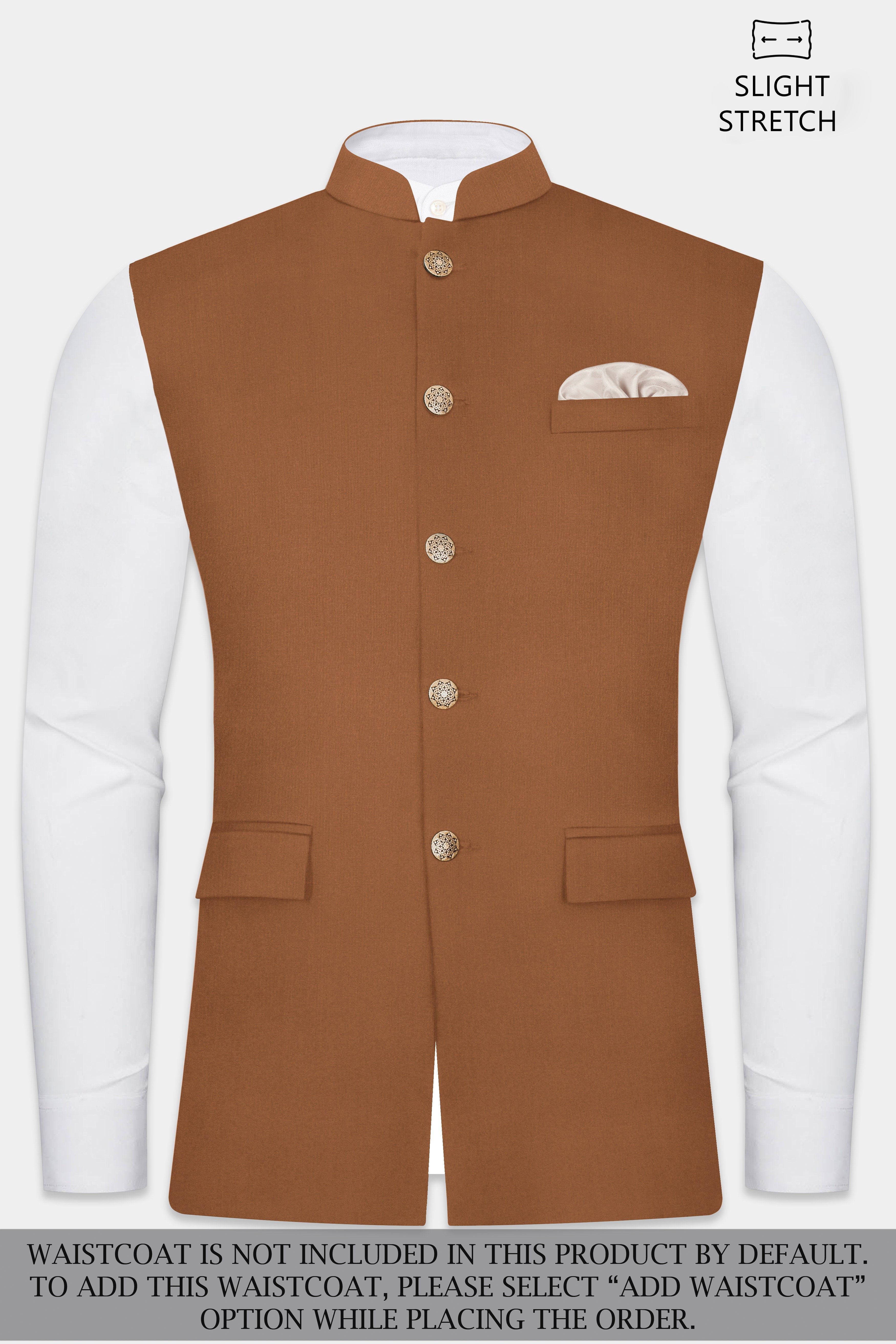 Cinnamon Oak-Sienna Brown Solid Wool Rich Cross Placket Bandhgala Slight Stretch Suit