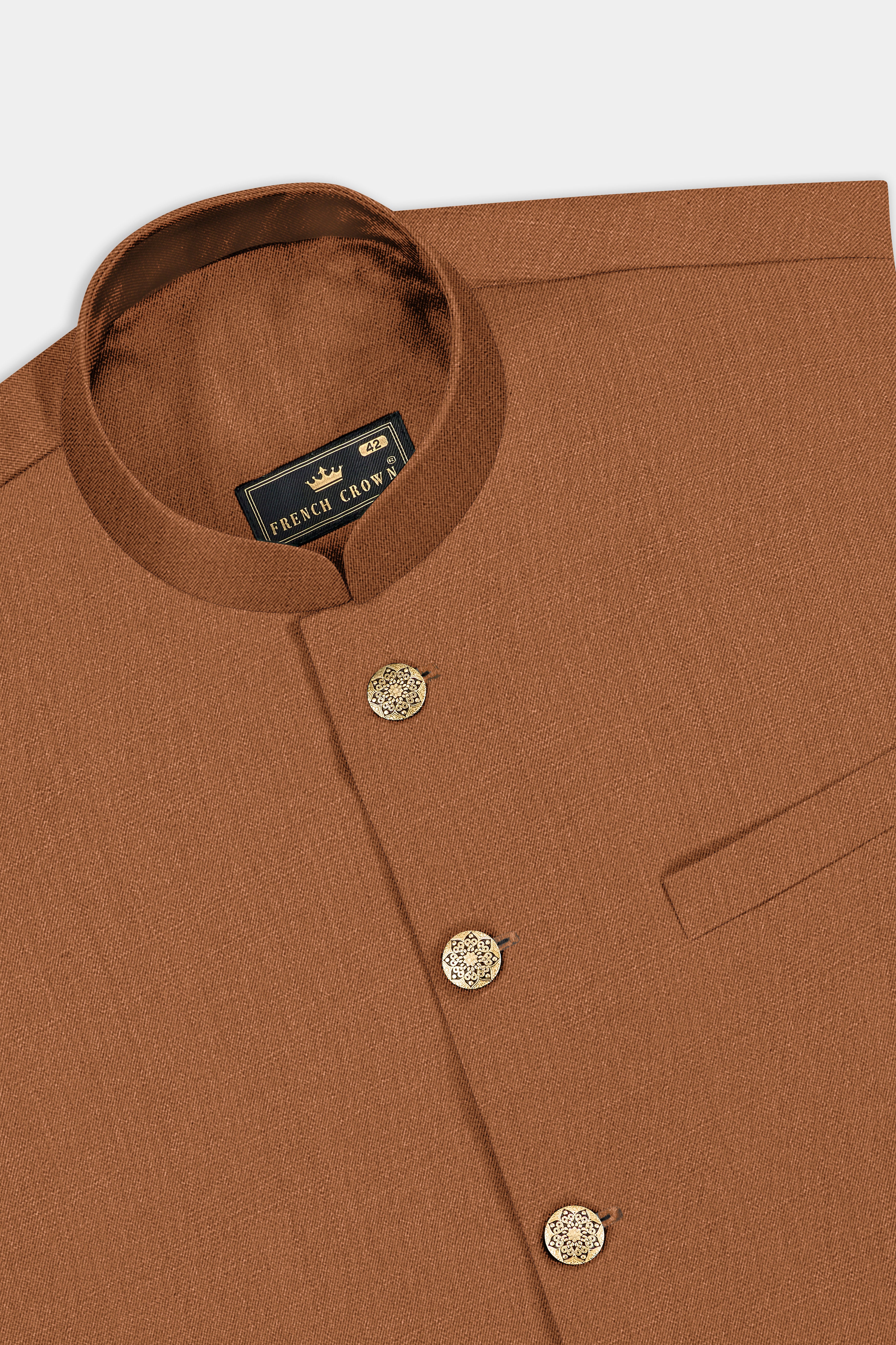 Cinnamon Oak-Sienna Brown Solid Wool Rich Cross Placket Bandhgala Slight Stretch Suit