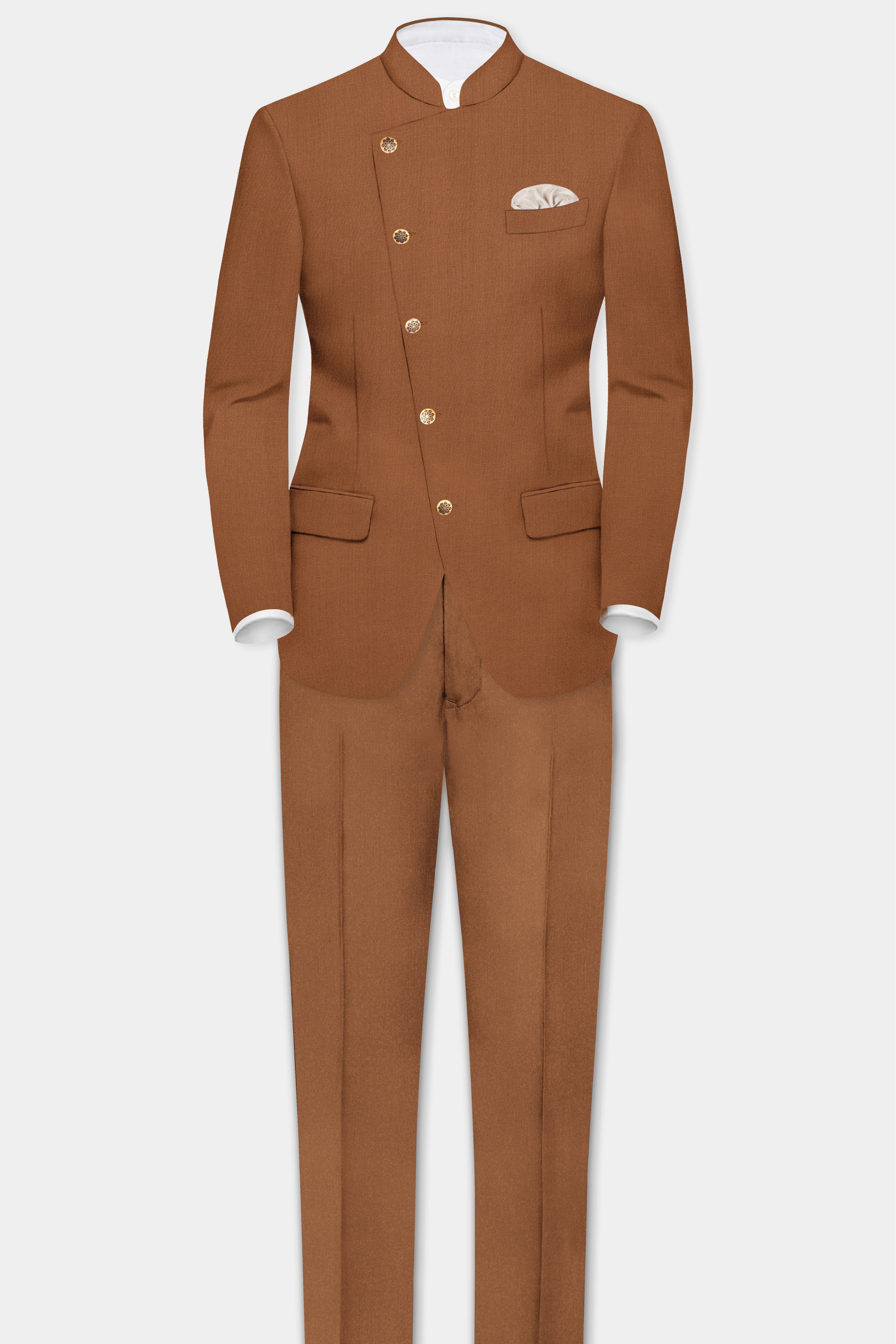Cinnamon Oak-Sienna Brown Solid Wool Rich Cross Placket Bandhgala Slight Stretch Suit