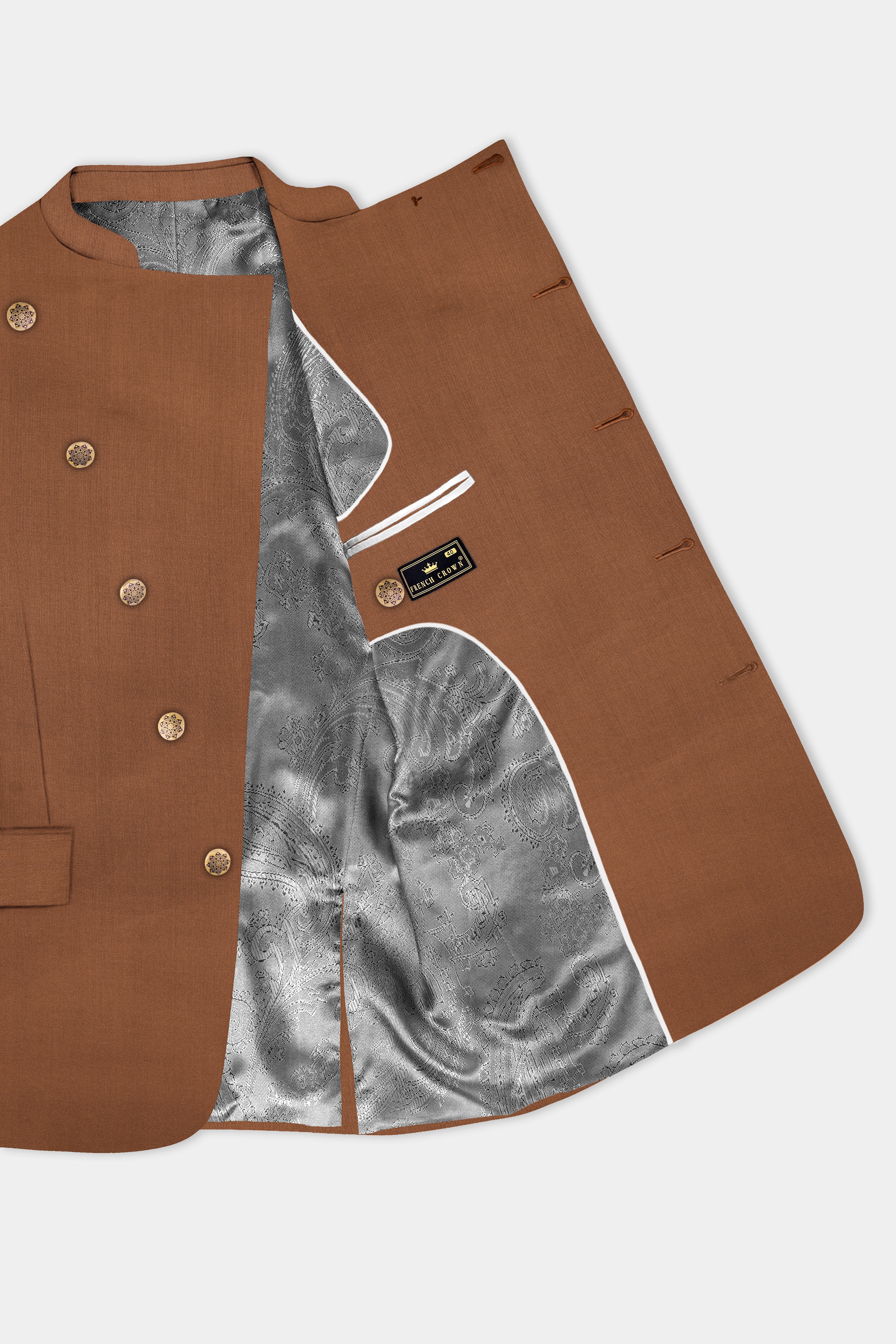 Cinnamon Oak-Sienna Brown Solid Wool Rich Cross Placket Bandhgala Slight Stretch Suit