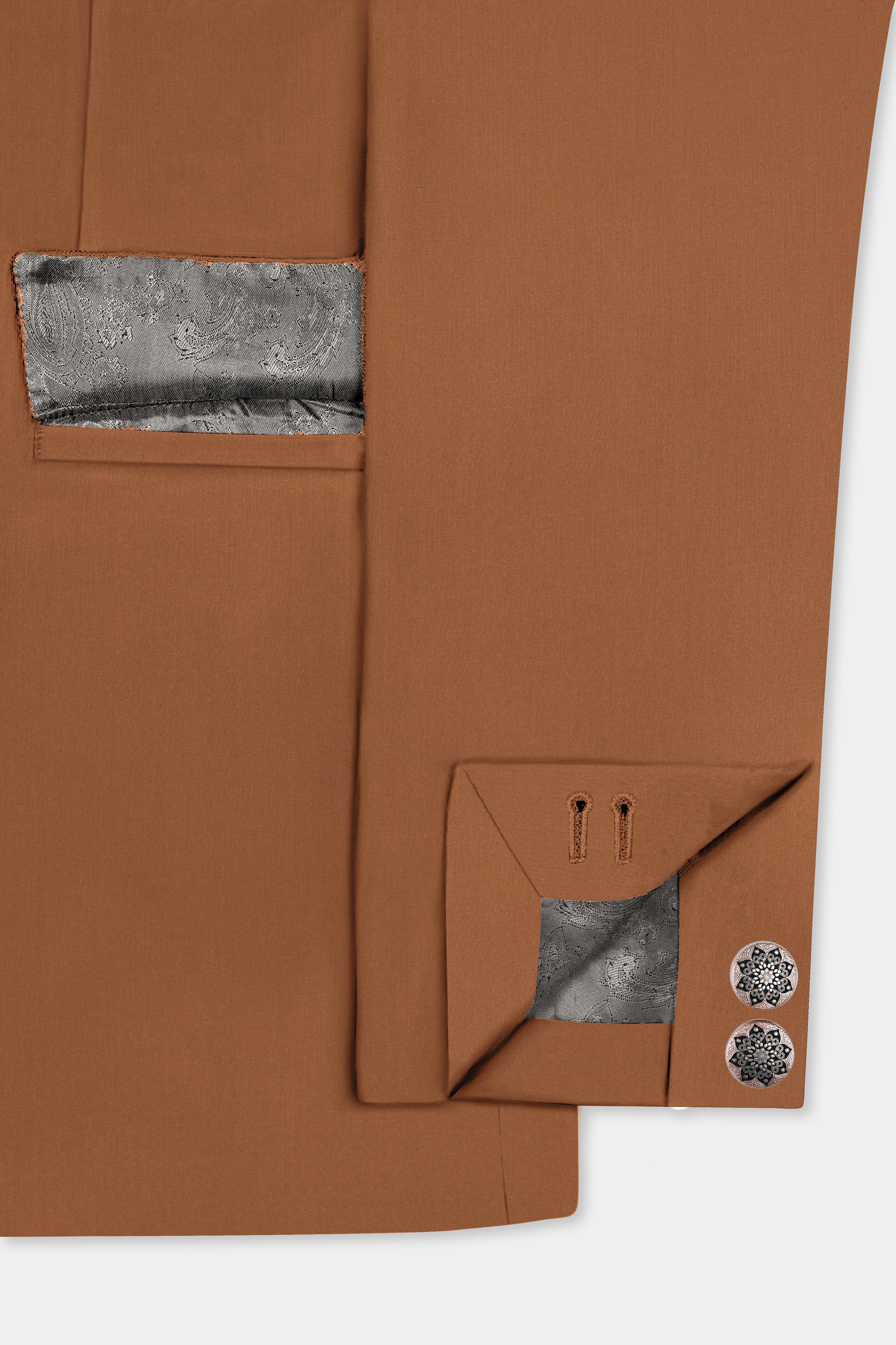Cinnamon Oak-Sienna Brown Solid Wool Rich Cross Placket Bandhgala Slight Stretch Suit