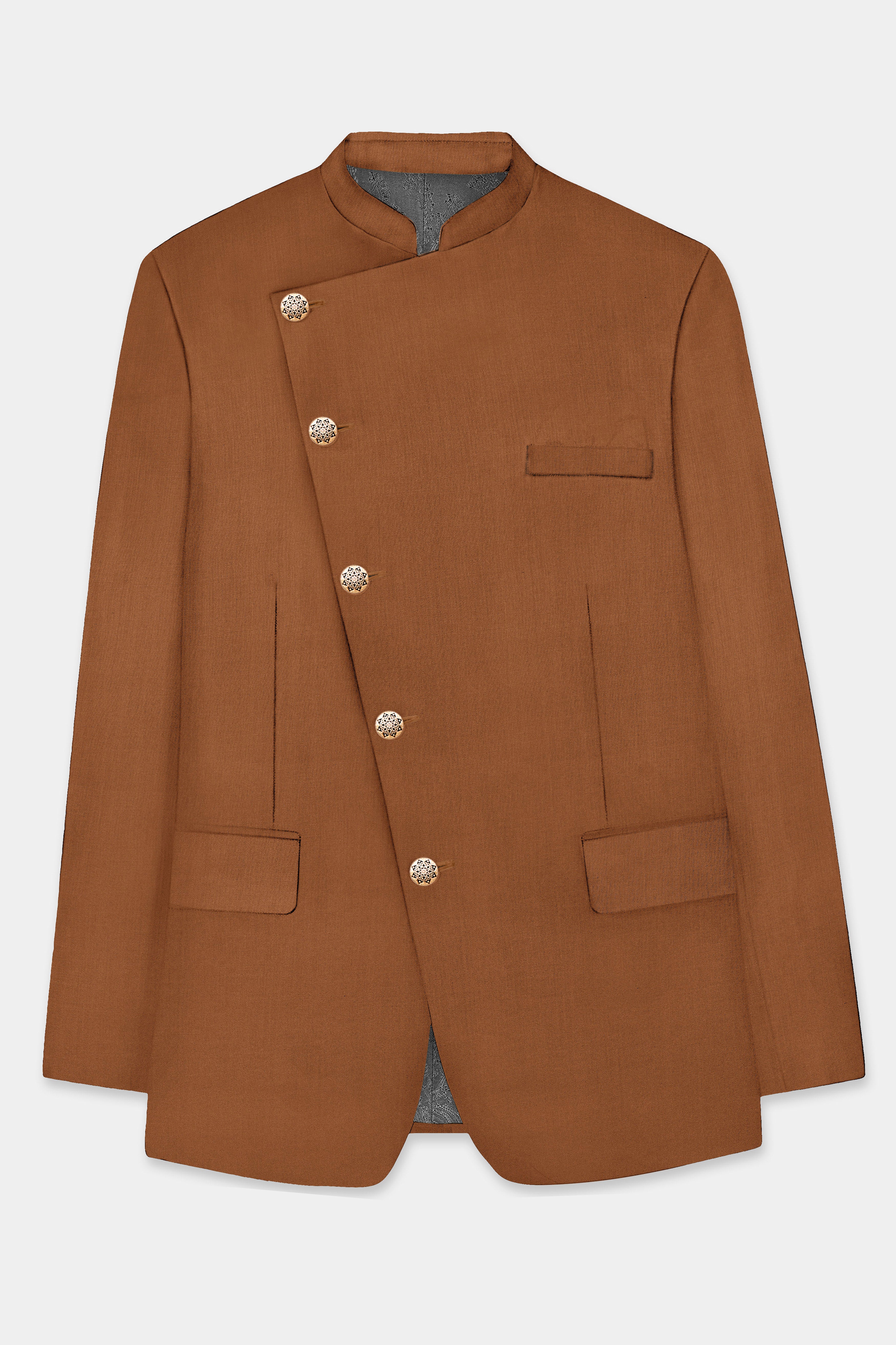 Cinnamon Oak-Sienna Brown Solid Wool Rich Cross Placket Bandhgala Slight Stretch Suit