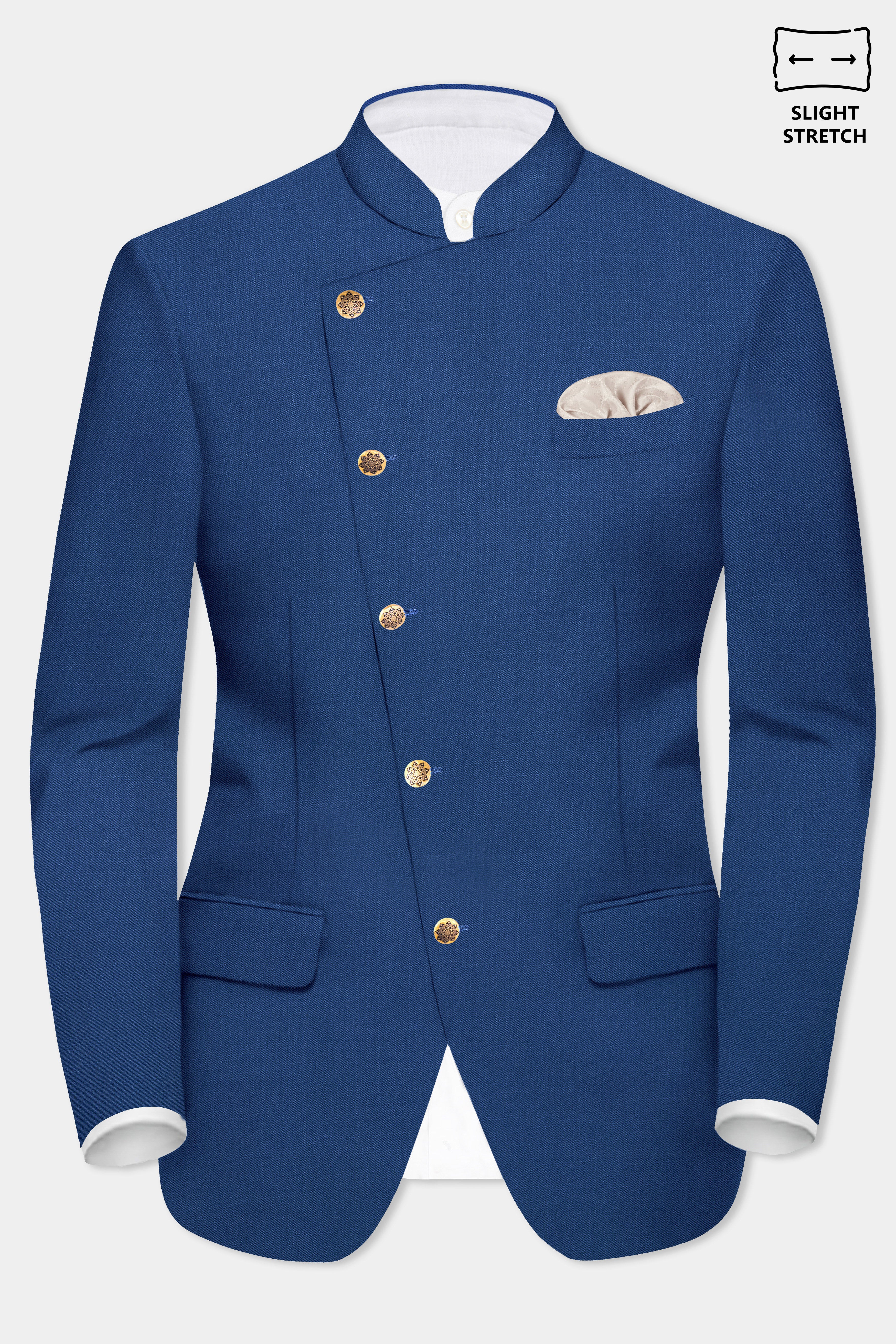 Cerulean Elite-Cobalt Blue Solid Wool Rich Cross Placket Bandhgala Slight Stretch Suit