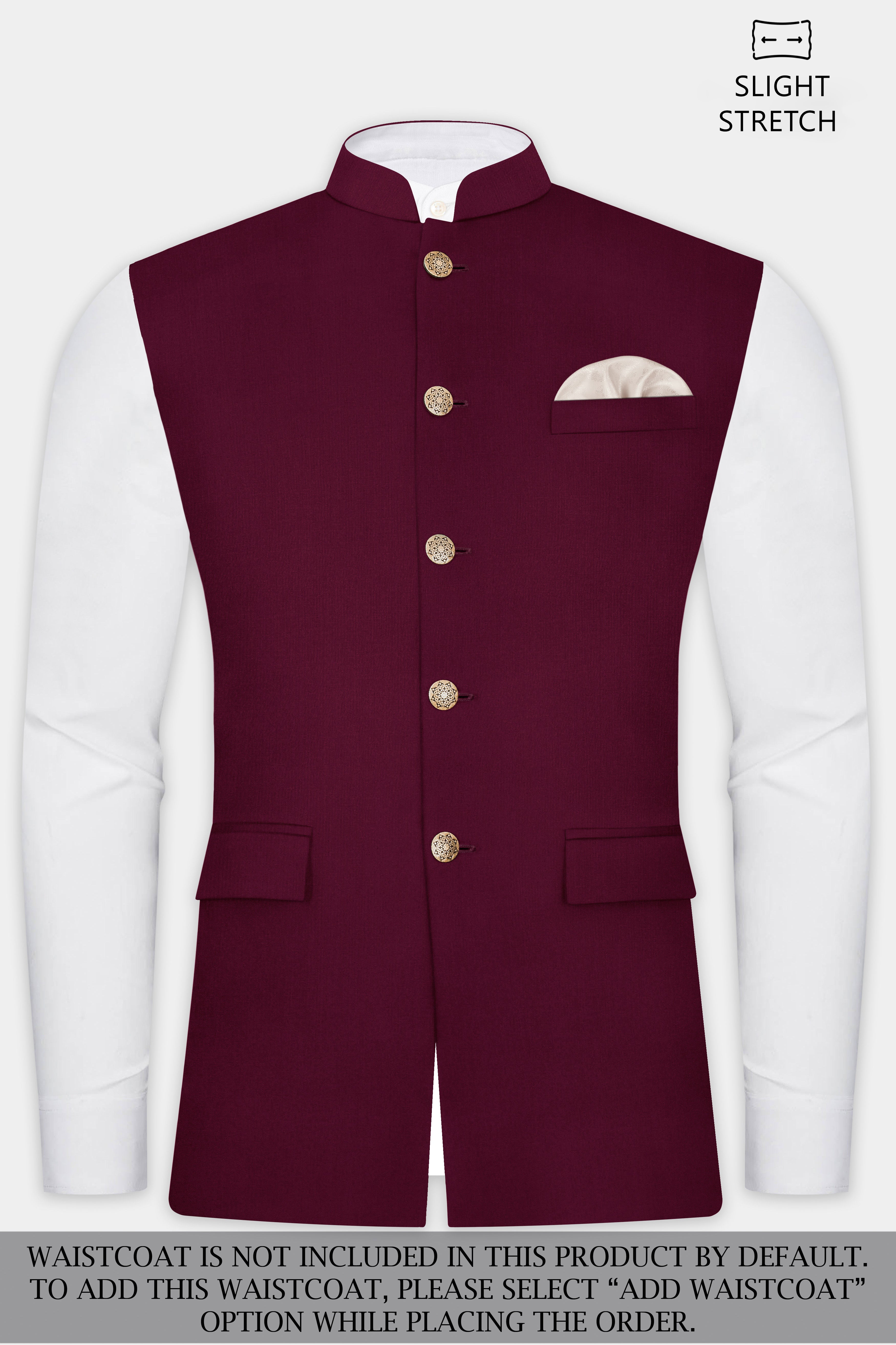 Regal Maroon-Tamarind Solid Wool Rich Cross Placket Bandhgala Slight Stretch Suit