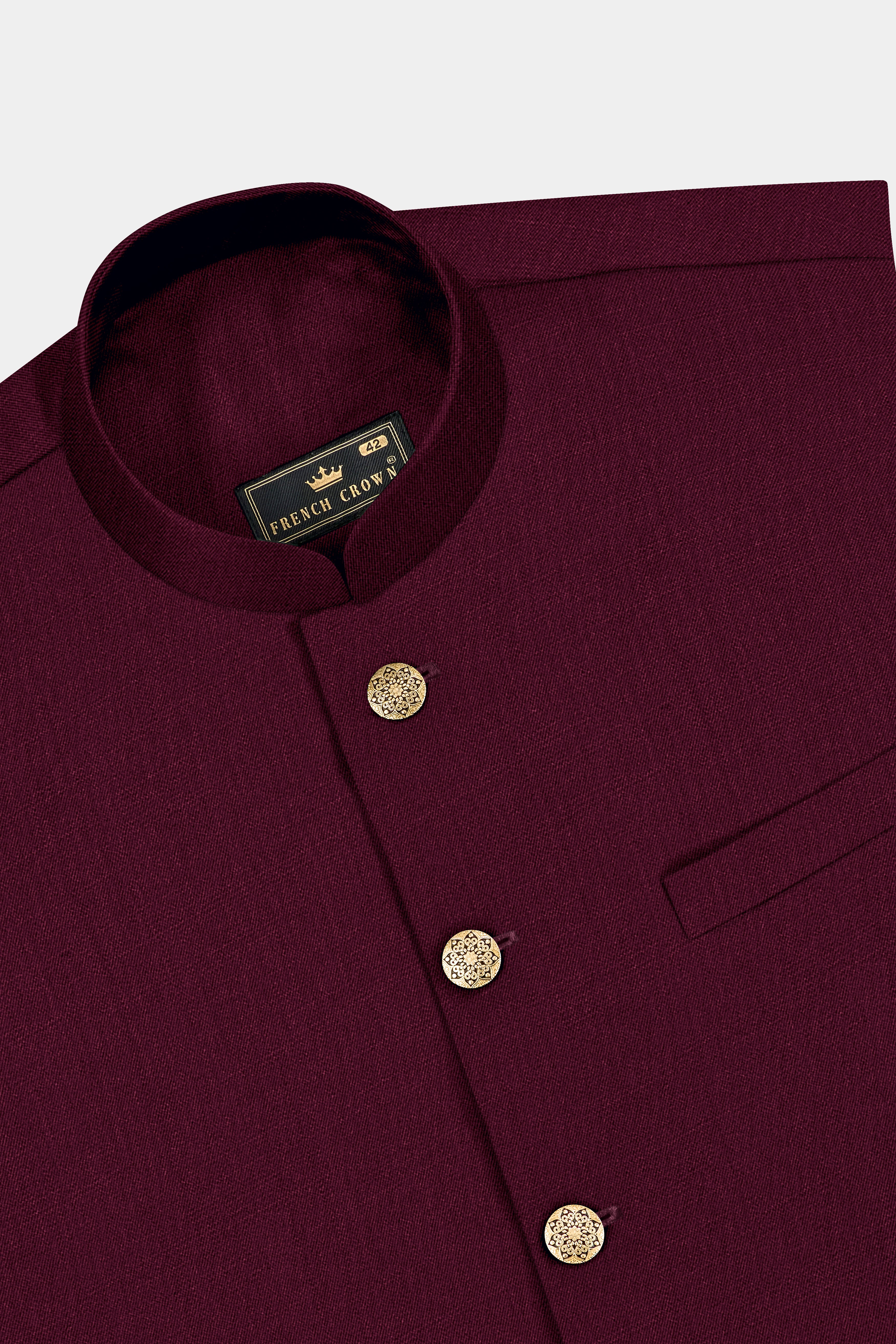 Regal Maroon-Tamarind Solid Wool Rich Cross Placket Bandhgala Slight Stretch Suit